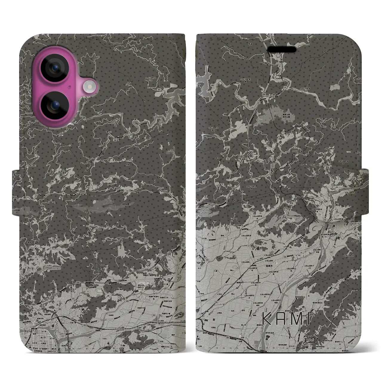 【香美(高知県)】地図柄iPhoneケース(手帳タイプ)モノトーン・iPhone 16 Pro 用