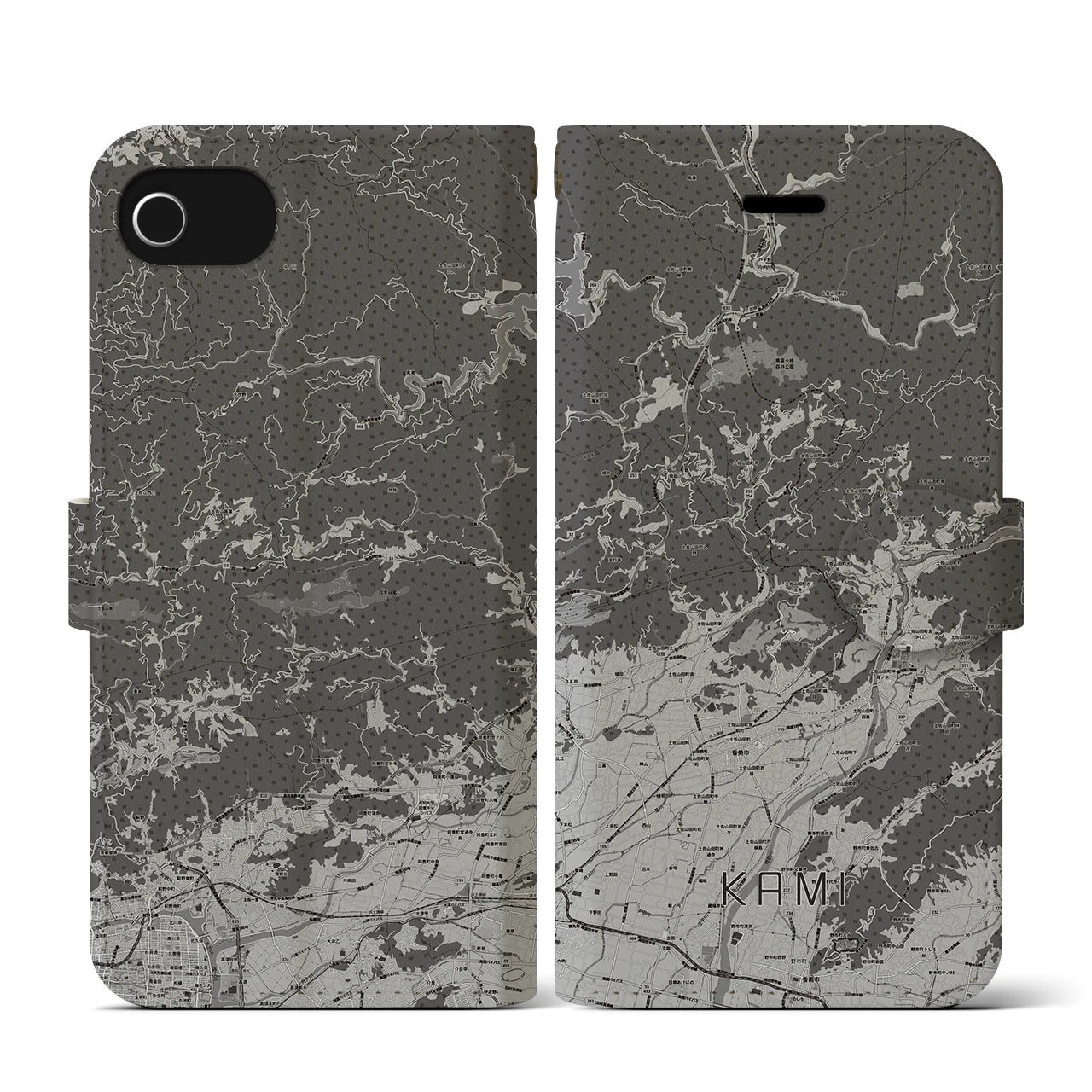 【香美(高知県)】地図柄iPhoneケース(手帳タイプ)モノトーン・iPhone SE(第3 / 第2世代) / 8 / 7 / 6s / 6 用