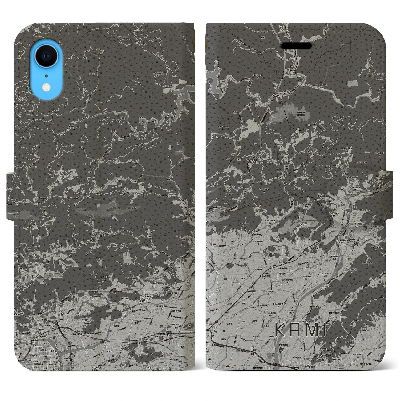 【香美(高知県)】地図柄iPhoneケース(手帳タイプ)モノトーン・iPhone XR 用
