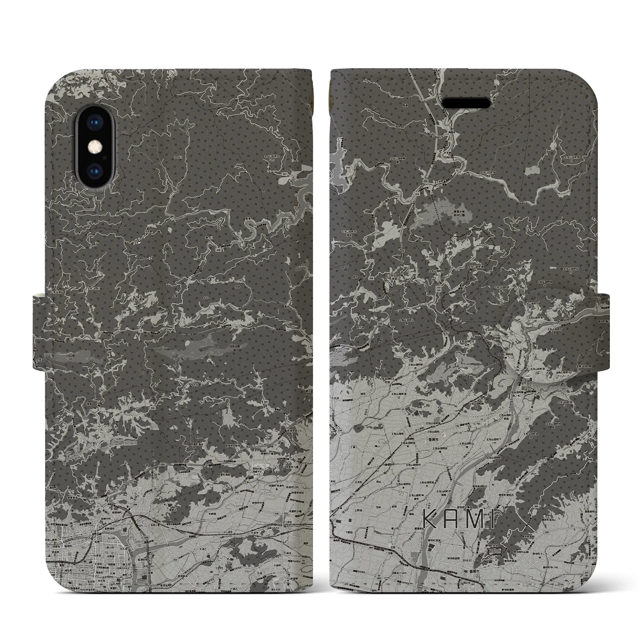 【香美(高知県)】地図柄iPhoneケース(手帳タイプ)モノトーン・iPhone XS / X 用