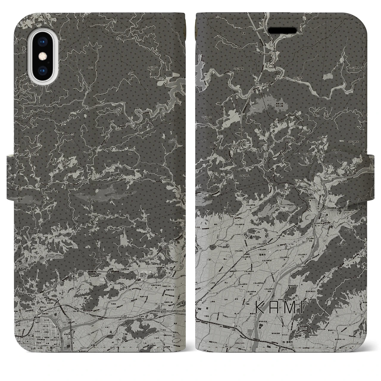 【香美(高知県)】地図柄iPhoneケース(手帳タイプ)モノトーン・iPhone XS Max 用