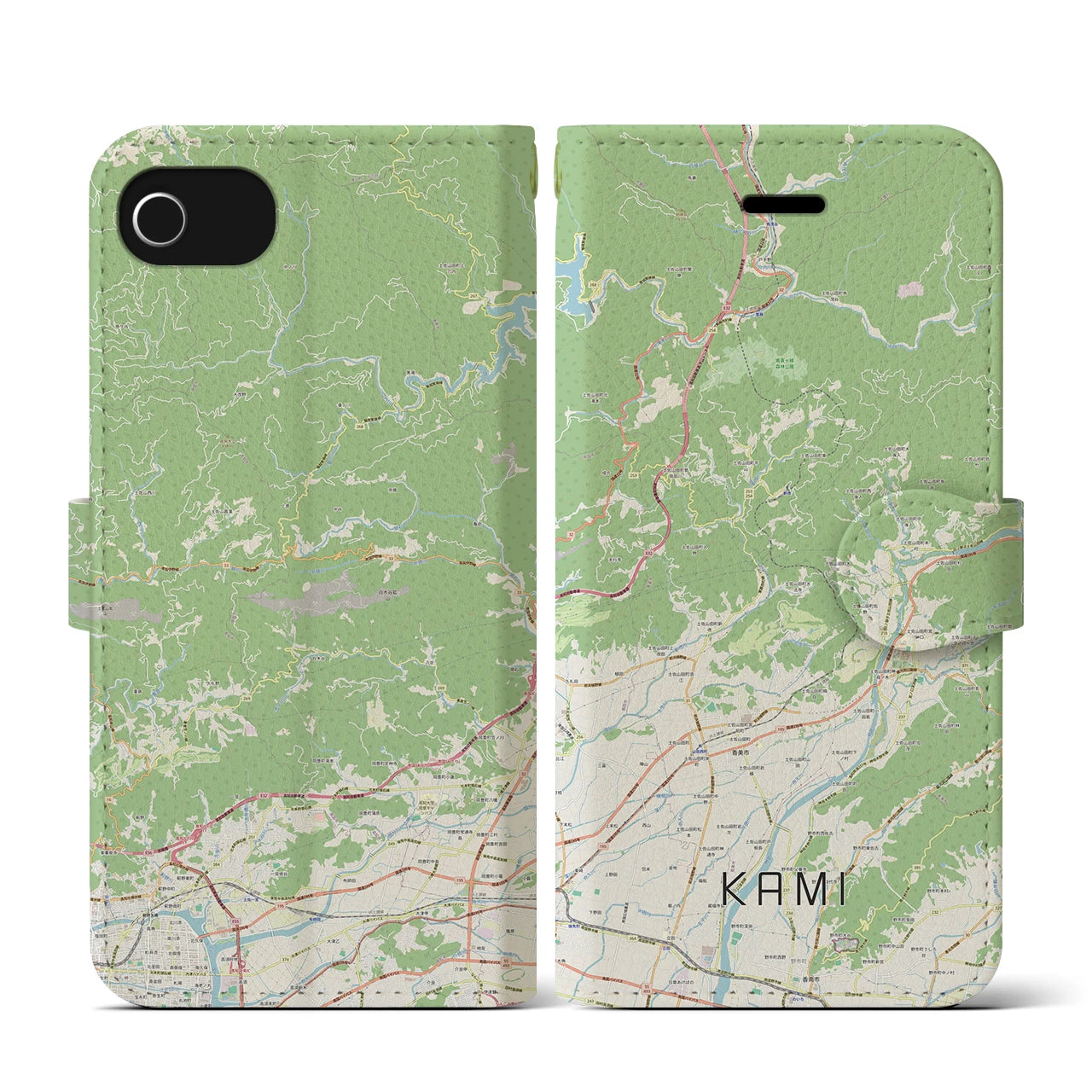 【香美(高知県)】地図柄iPhoneケース(手帳タイプ)ナチュラル・iPhone SE(第3 / 第2世代) / 8 / 7 / 6s / 6 用