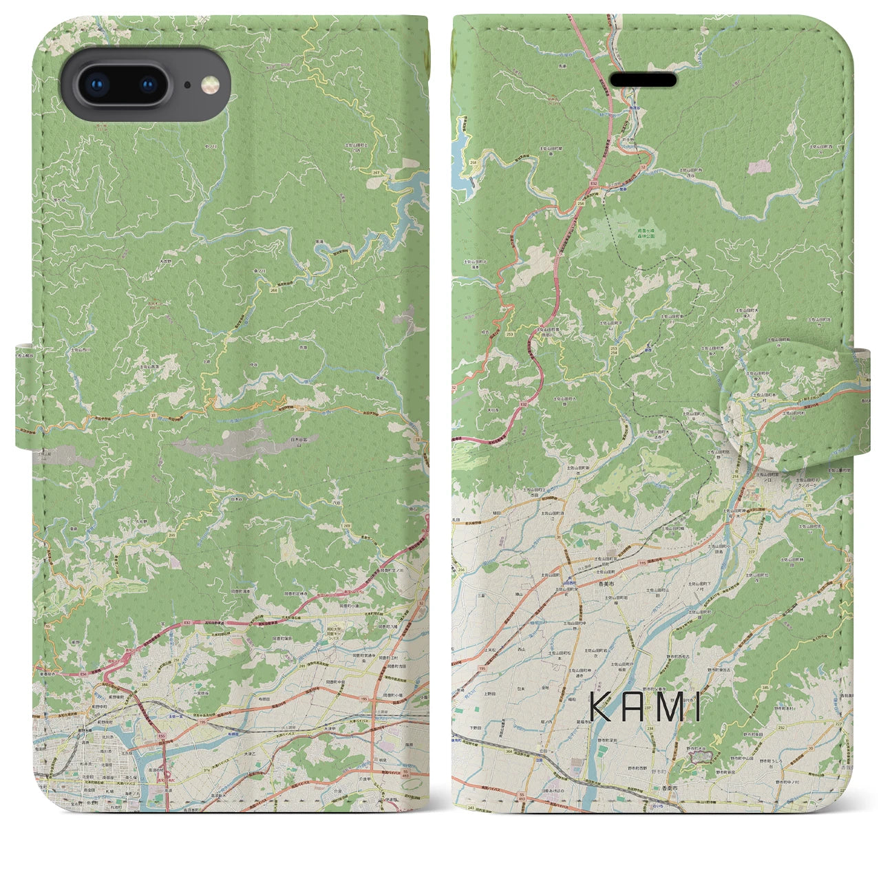 【香美(高知県)】地図柄iPhoneケース(手帳タイプ)ナチュラル・iPhone 8Plus /7Plus / 6sPlus / 6Plus 用