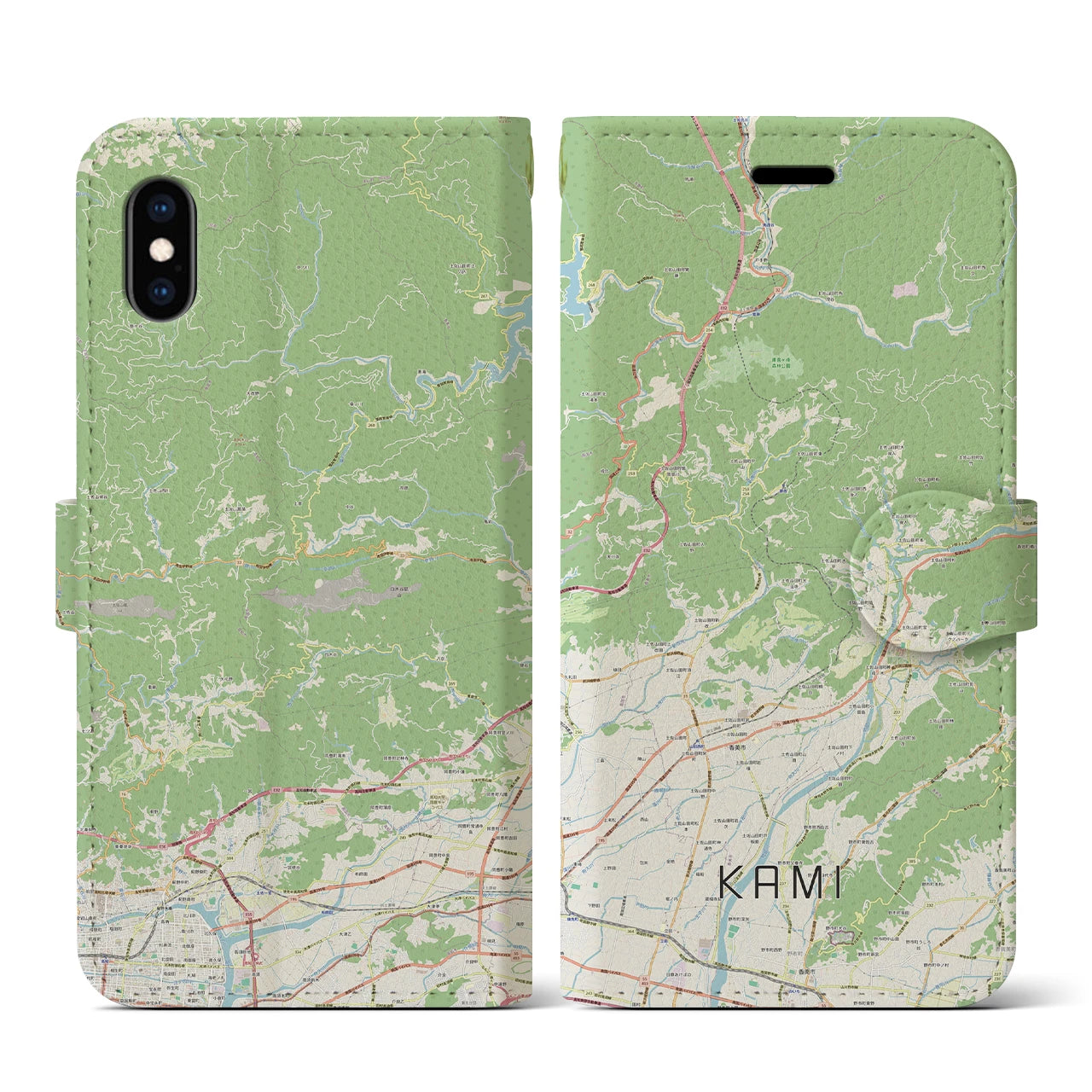 【香美(高知県)】地図柄iPhoneケース(手帳タイプ)ナチュラル・iPhone XS / X 用