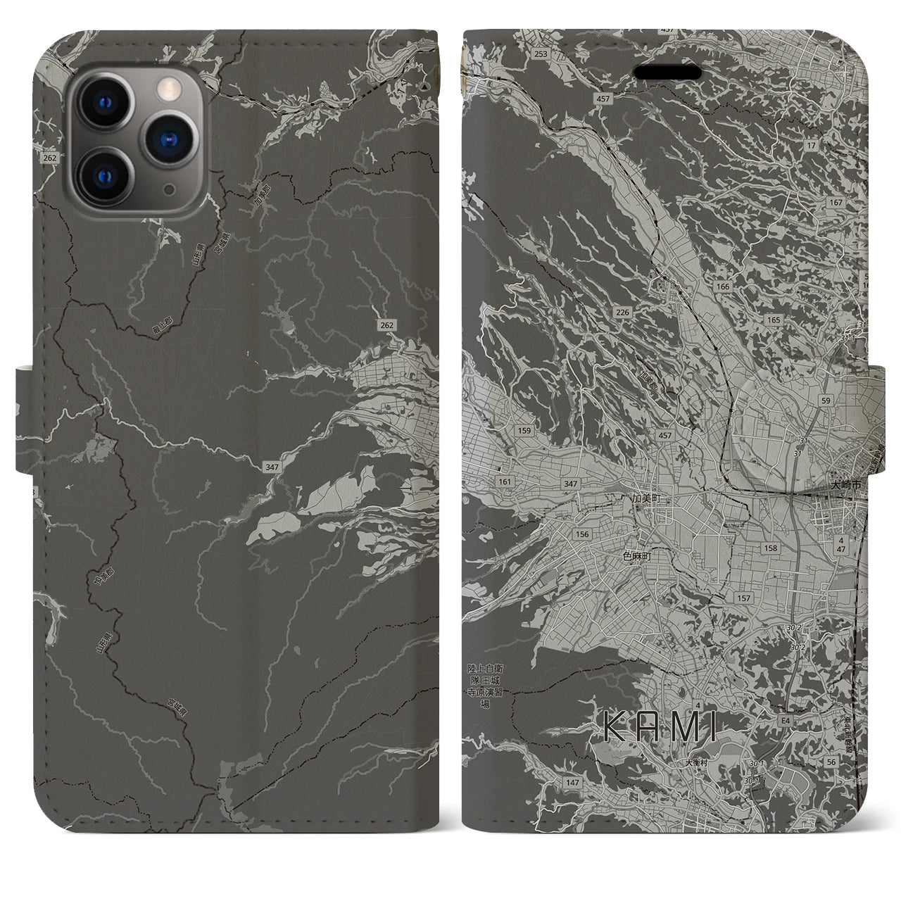 【加美(宮城県)】地図柄iPhoneケース(手帳タイプ)モノトーン・iPhone 11 Pro Max 用