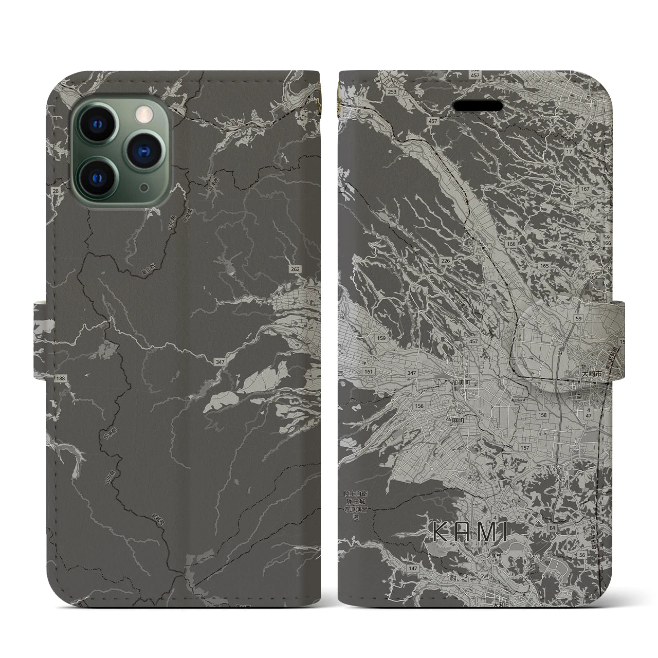 【加美(宮城県)】地図柄iPhoneケース(手帳タイプ)モノトーン・iPhone 11 Pro 用