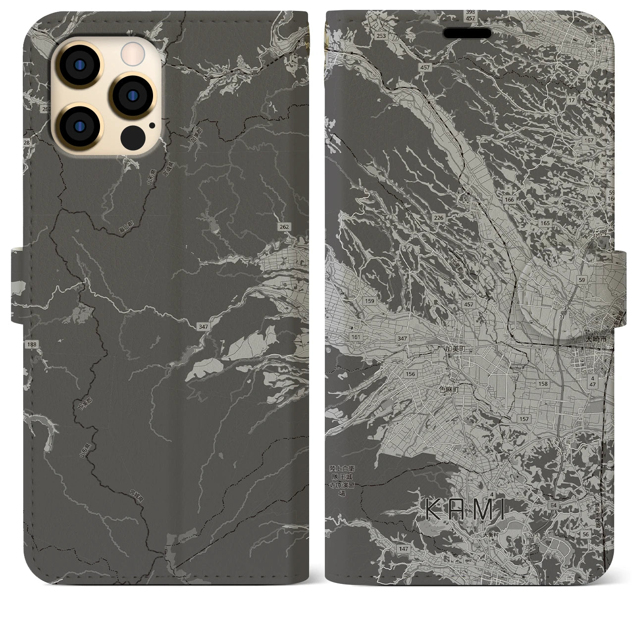 【加美(宮城県)】地図柄iPhoneケース(手帳タイプ)モノトーン・iPhone 12 Pro Max 用