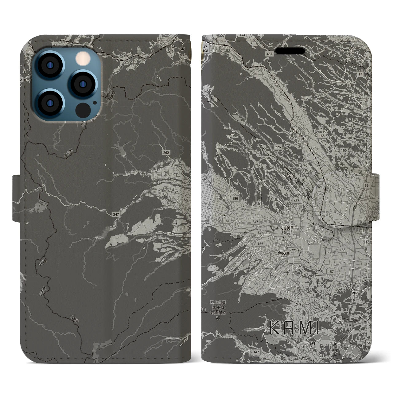 【加美(宮城県)】地図柄iPhoneケース(手帳タイプ)モノトーン・iPhone 12 / 12 Pro 用