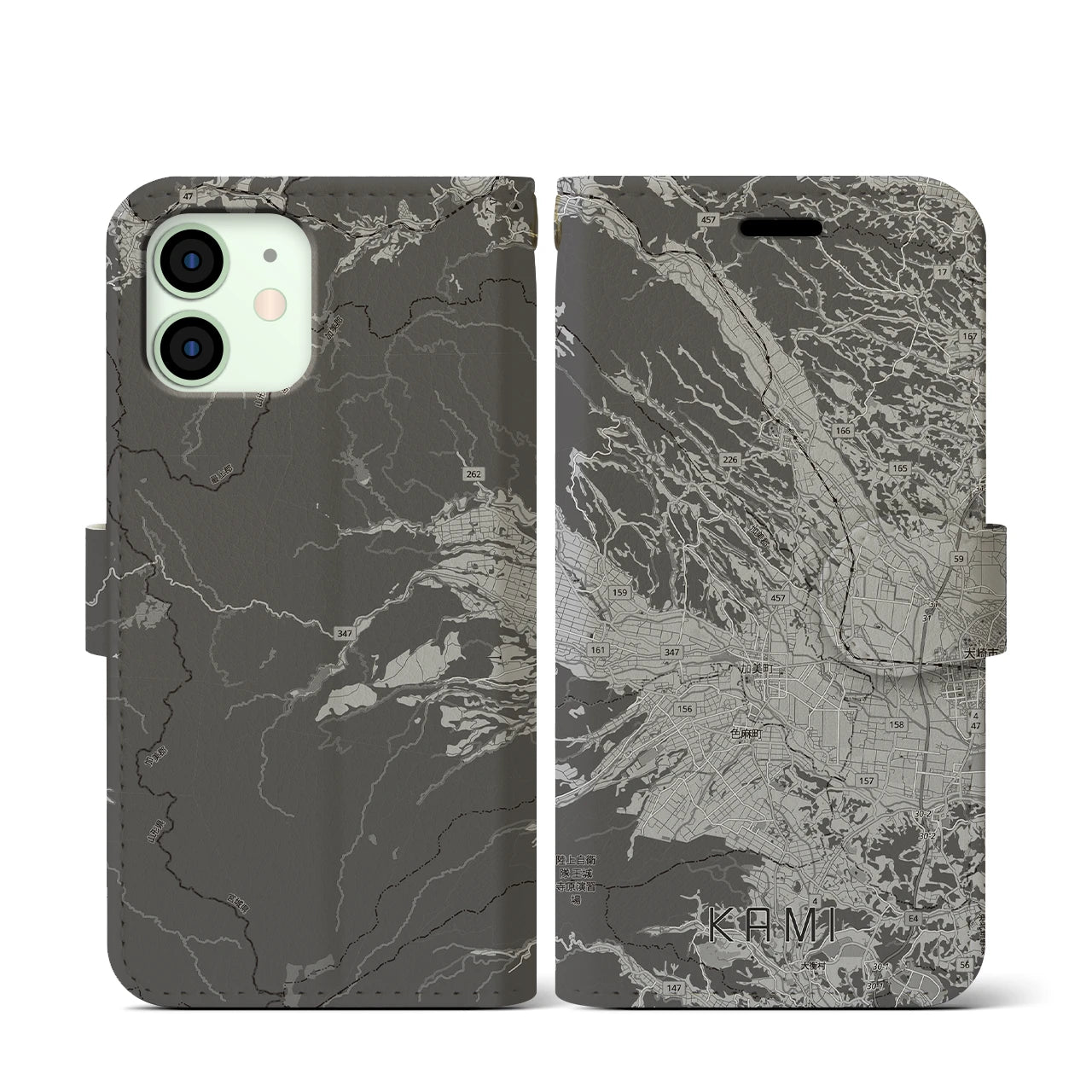 【加美(宮城県)】地図柄iPhoneケース(手帳タイプ)モノトーン・iPhone 12 mini 用