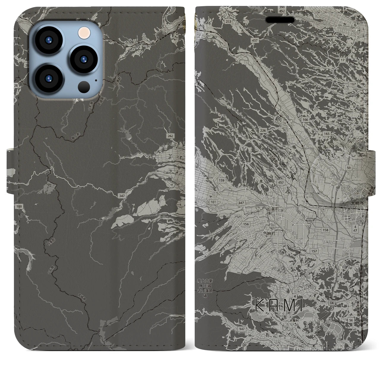【加美(宮城県)】地図柄iPhoneケース(手帳タイプ)モノトーン・iPhone 13 Pro Max 用