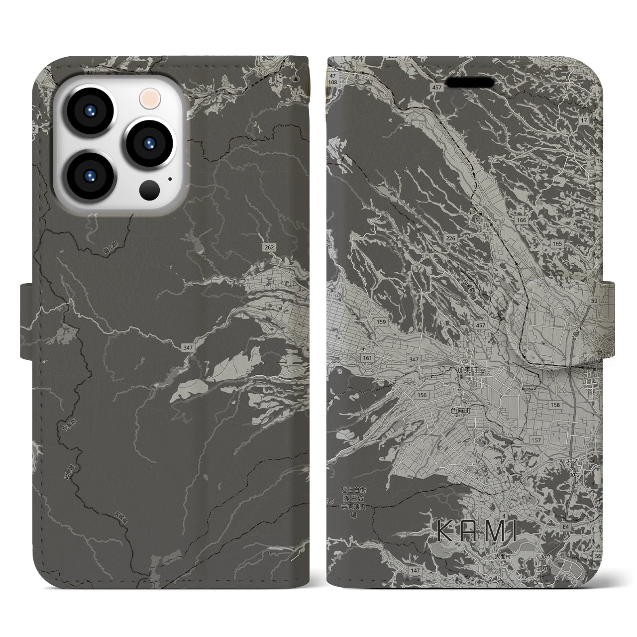 【加美(宮城県)】地図柄iPhoneケース(手帳タイプ)モノトーン・iPhone 13 Pro 用