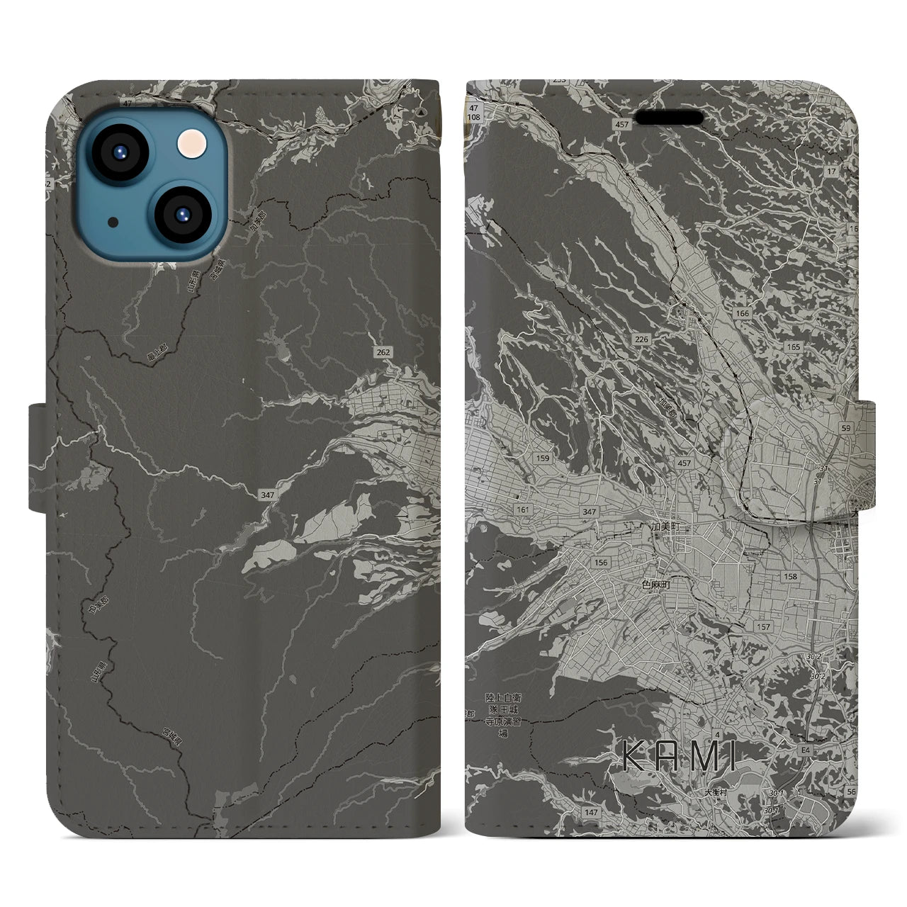 【加美(宮城県)】地図柄iPhoneケース(手帳タイプ)モノトーン・iPhone 13 用