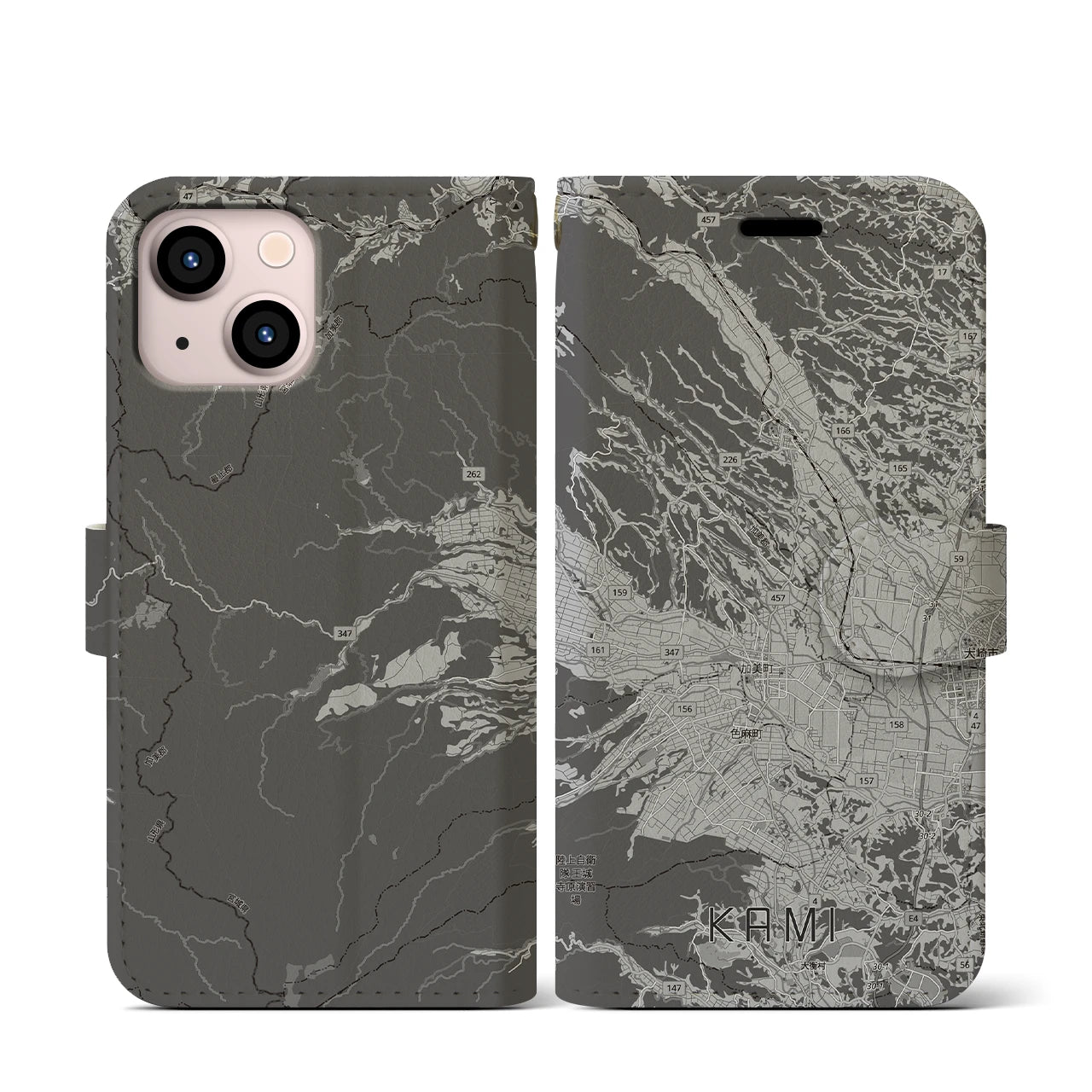 【加美(宮城県)】地図柄iPhoneケース(手帳タイプ)モノトーン・iPhone 13 mini 用