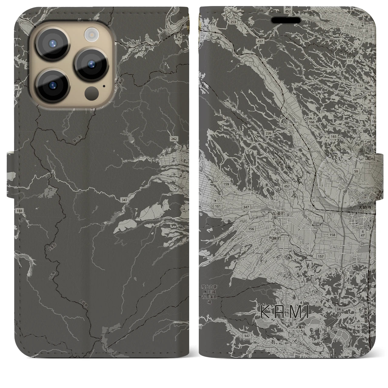 【加美(宮城県)】地図柄iPhoneケース(手帳タイプ)モノトーン・iPhone 14 Pro Max 用