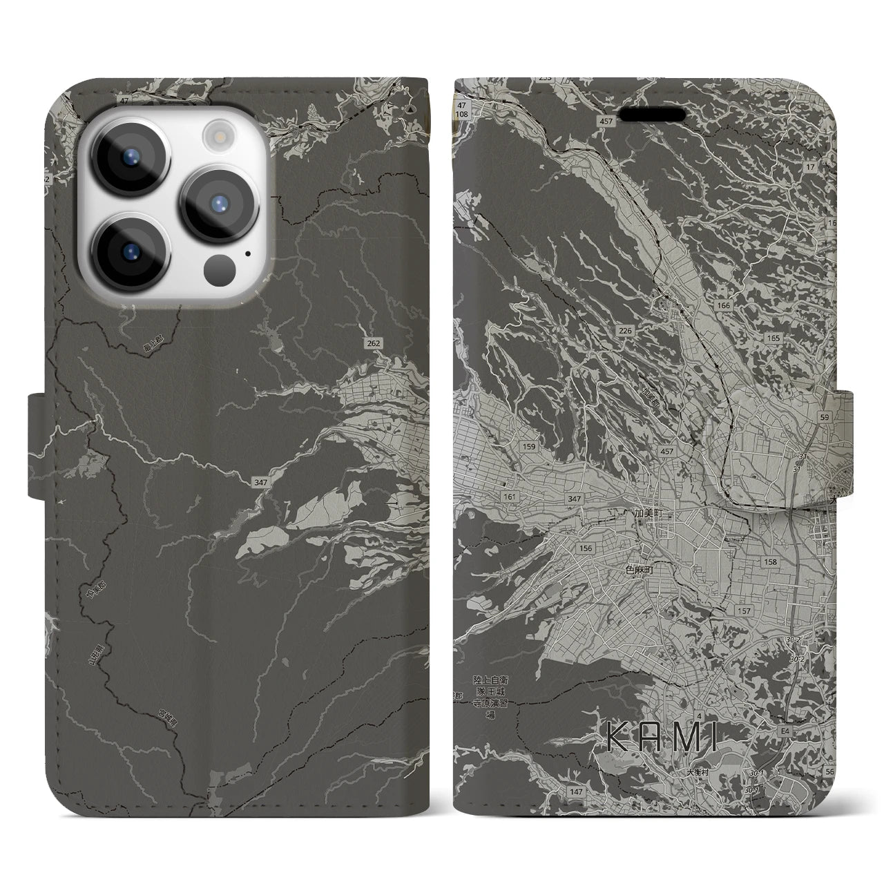【加美(宮城県)】地図柄iPhoneケース(手帳タイプ)モノトーン・iPhone 14 Pro 用