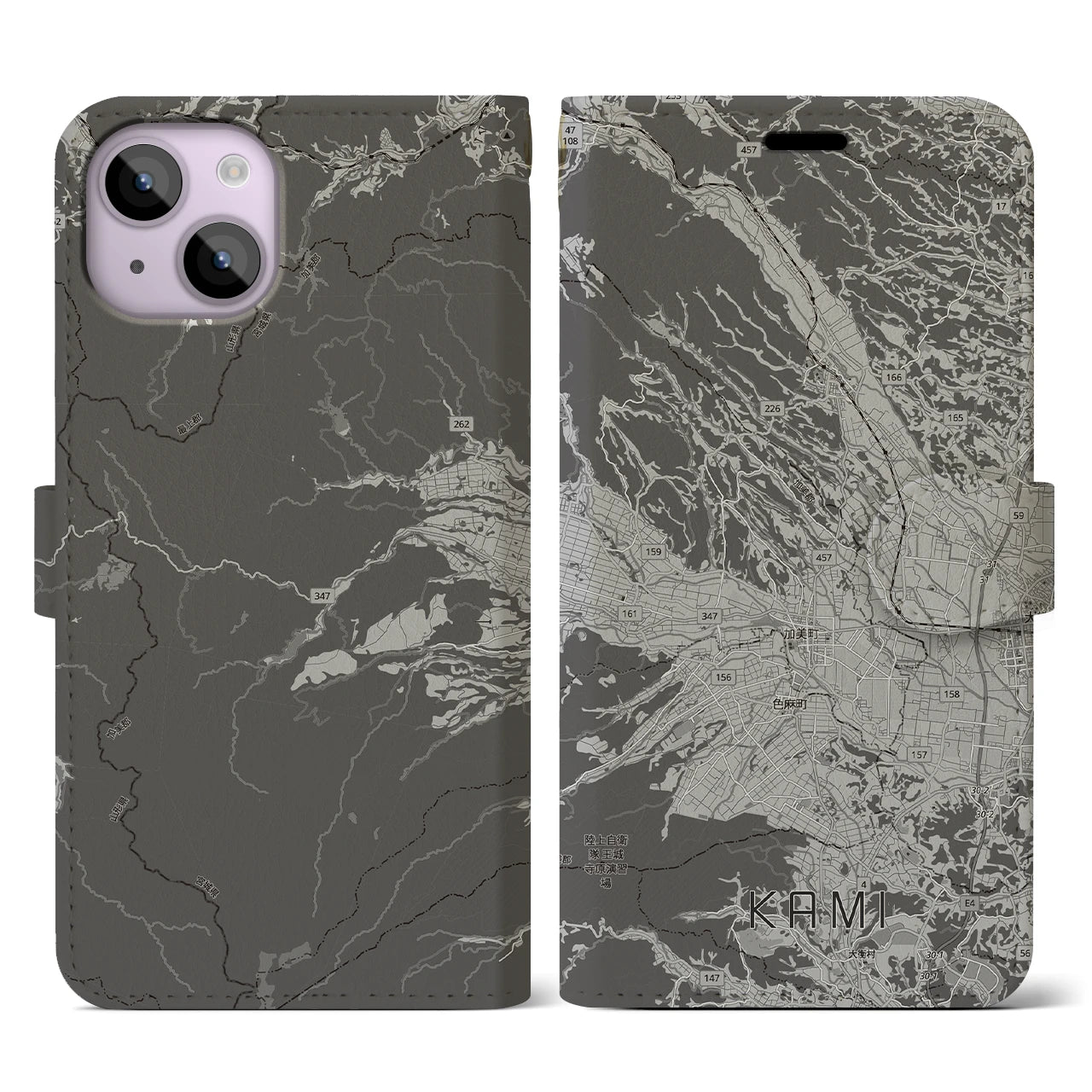 【加美(宮城県)】地図柄iPhoneケース(手帳タイプ)モノトーン・iPhone 14 用