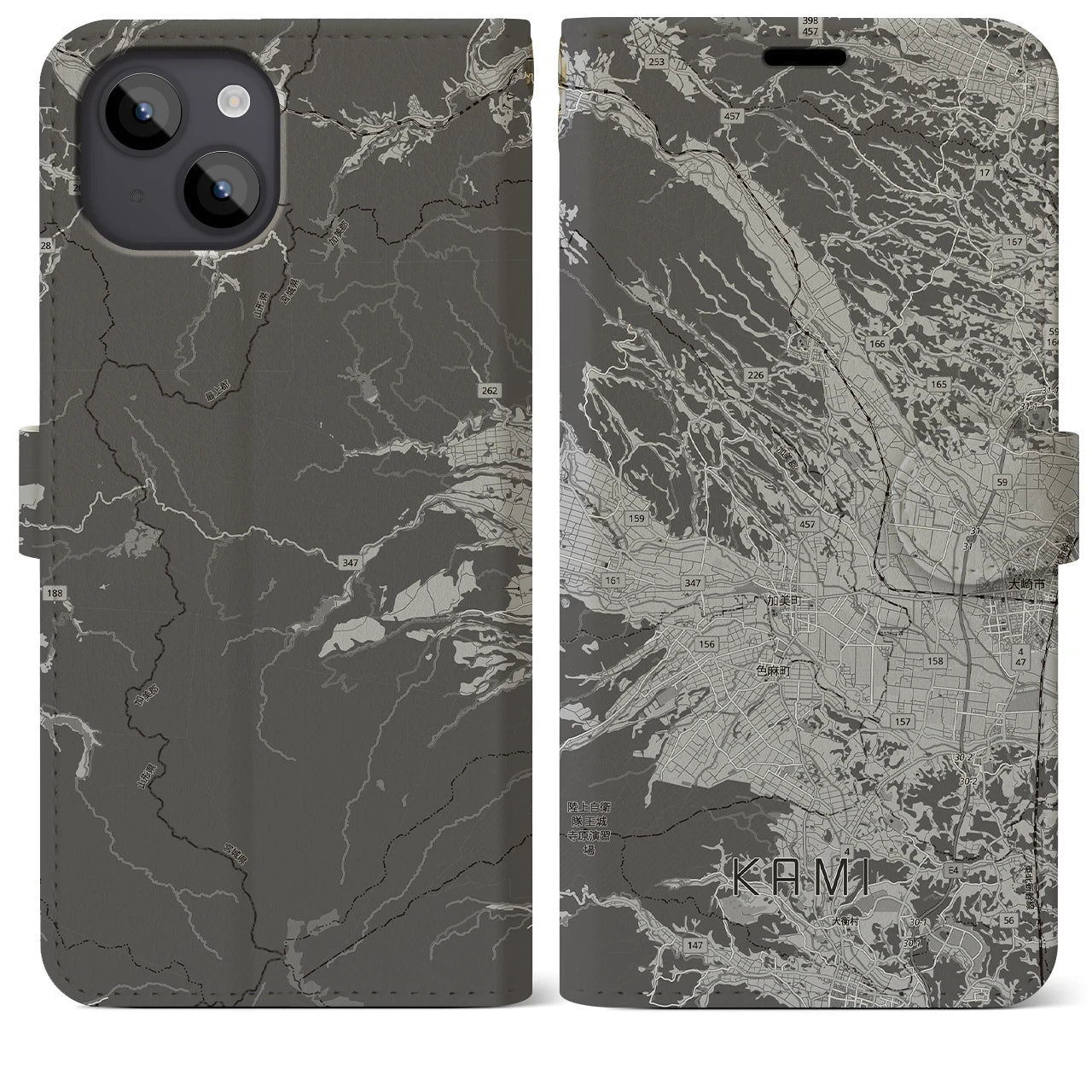 【加美(宮城県)】地図柄iPhoneケース(手帳タイプ)モノトーン・iPhone 14 Plus 用