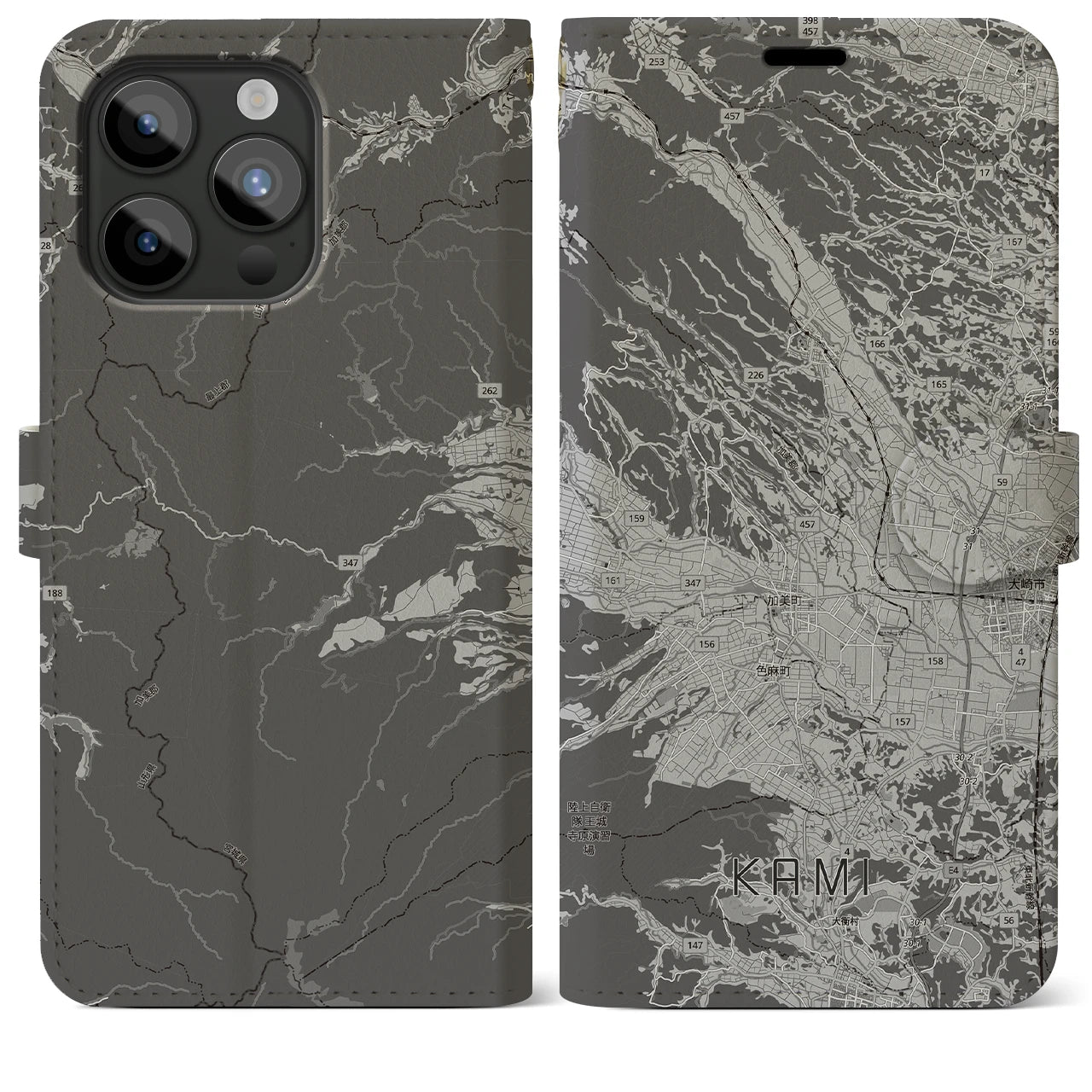【加美(宮城県)】地図柄iPhoneケース(手帳タイプ)モノトーン・iPhone 15 Pro Max 用