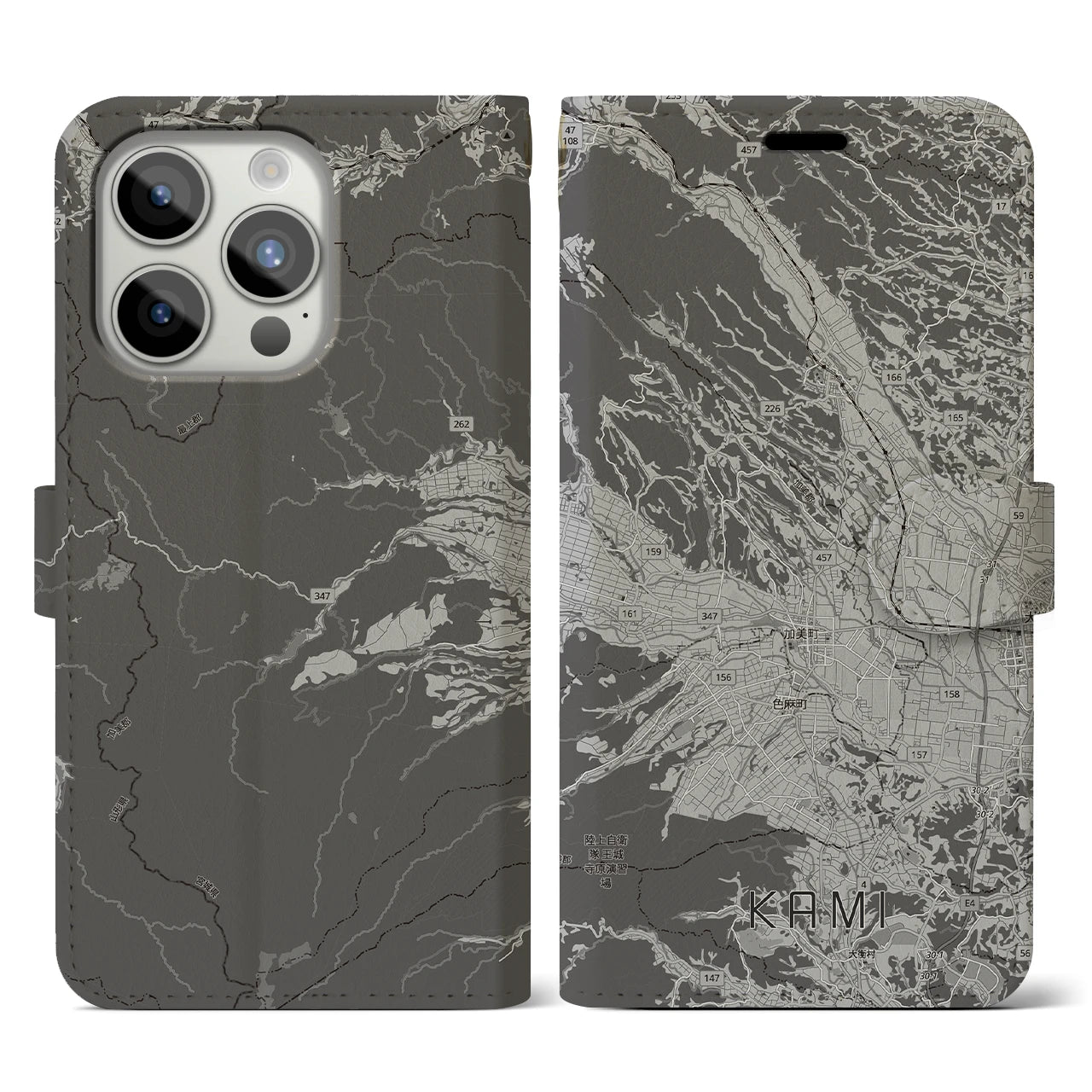 【加美(宮城県)】地図柄iPhoneケース(手帳タイプ)モノトーン・iPhone 15 Pro 用
