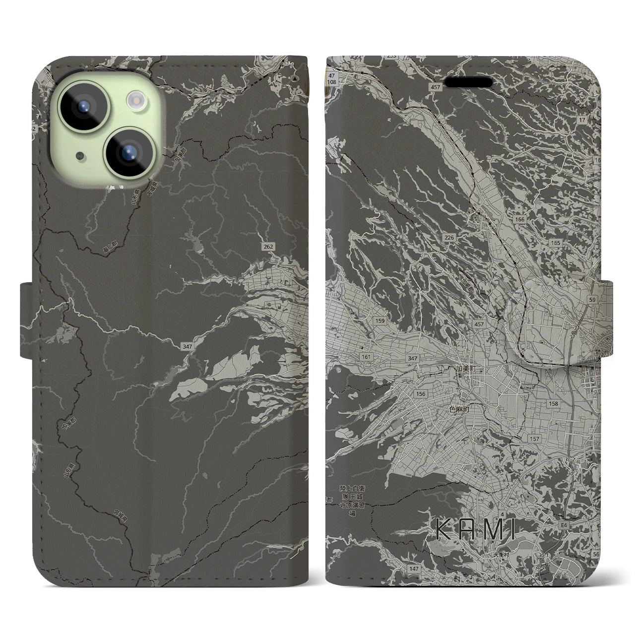 【加美(宮城県)】地図柄iPhoneケース(手帳タイプ)モノトーン・iPhone 15 用