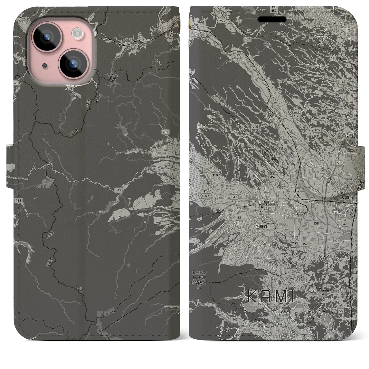 【加美(宮城県)】地図柄iPhoneケース(手帳タイプ)モノトーン・iPhone 15 Plus 用