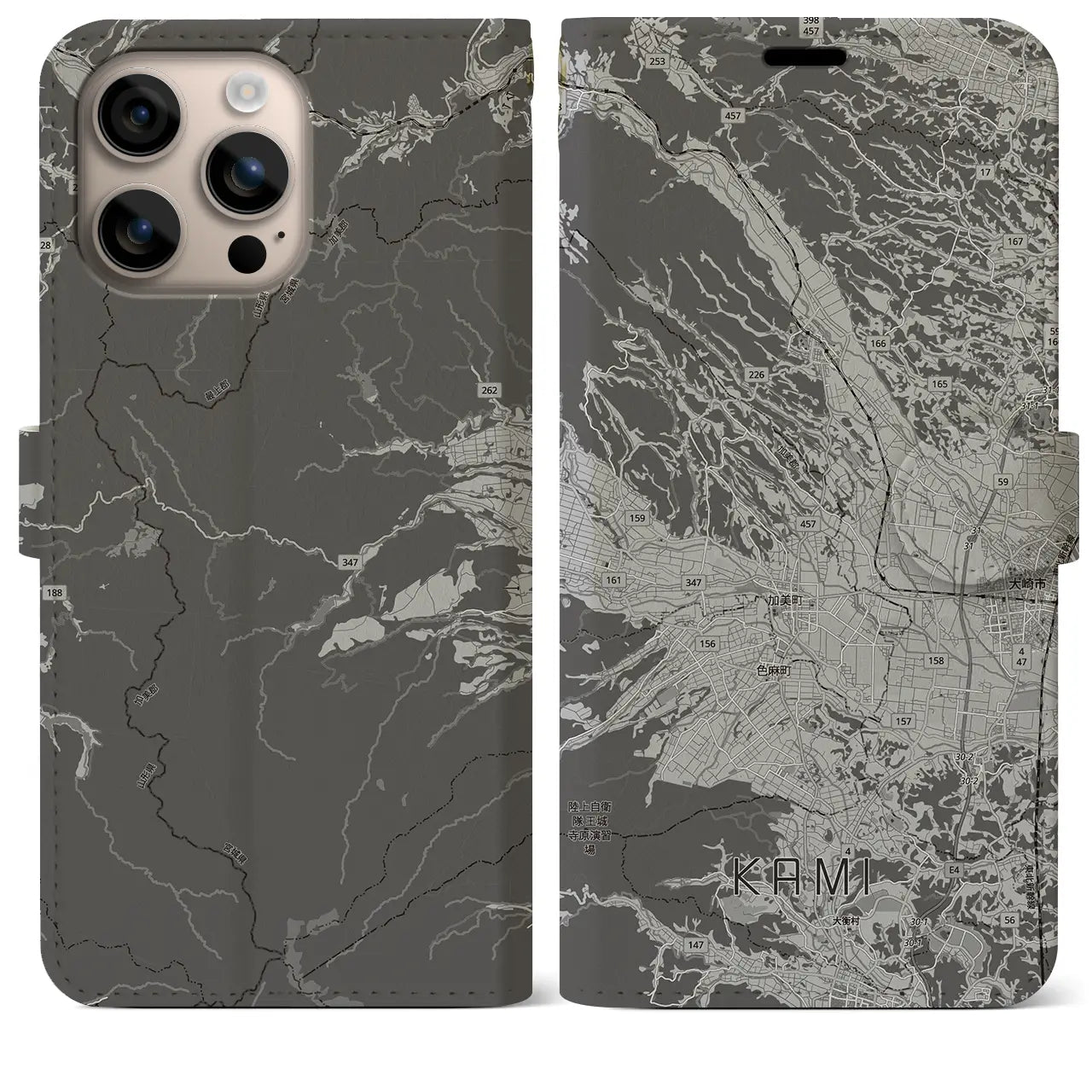 【加美(宮城県)】地図柄iPhoneケース(手帳タイプ)モノトーン・iPhone 16 Plus 用