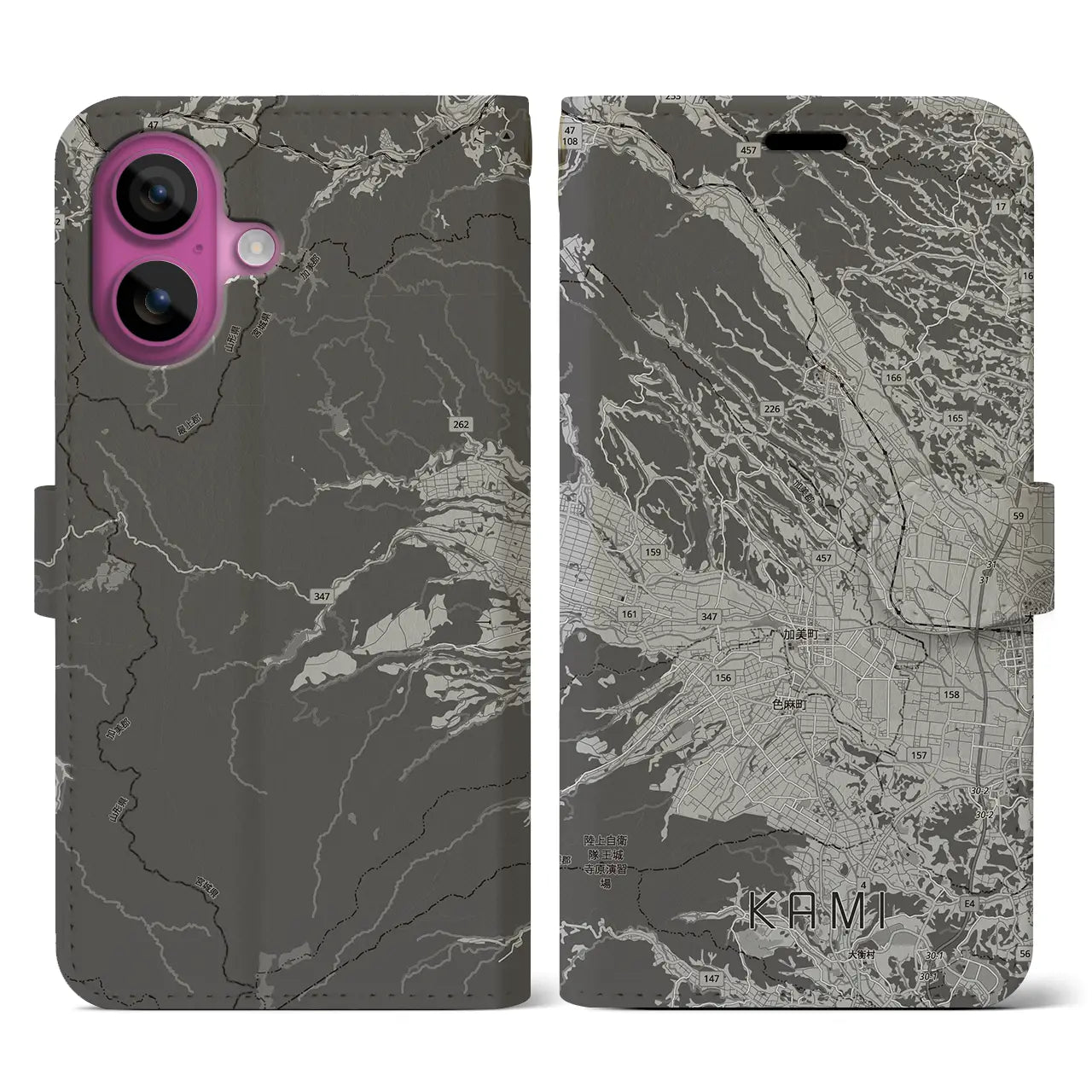 【加美(宮城県)】地図柄iPhoneケース(手帳タイプ)モノトーン・iPhone 16 Pro 用