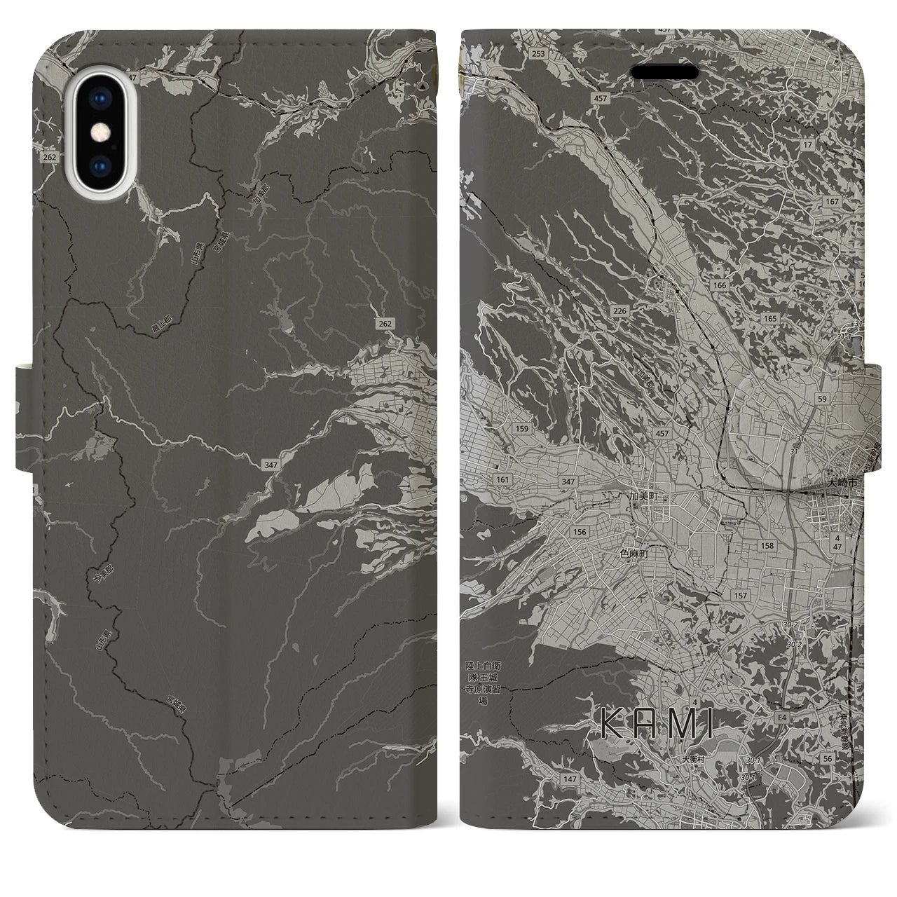 【加美(宮城県)】地図柄iPhoneケース(手帳タイプ)モノトーン・iPhone XS Max 用