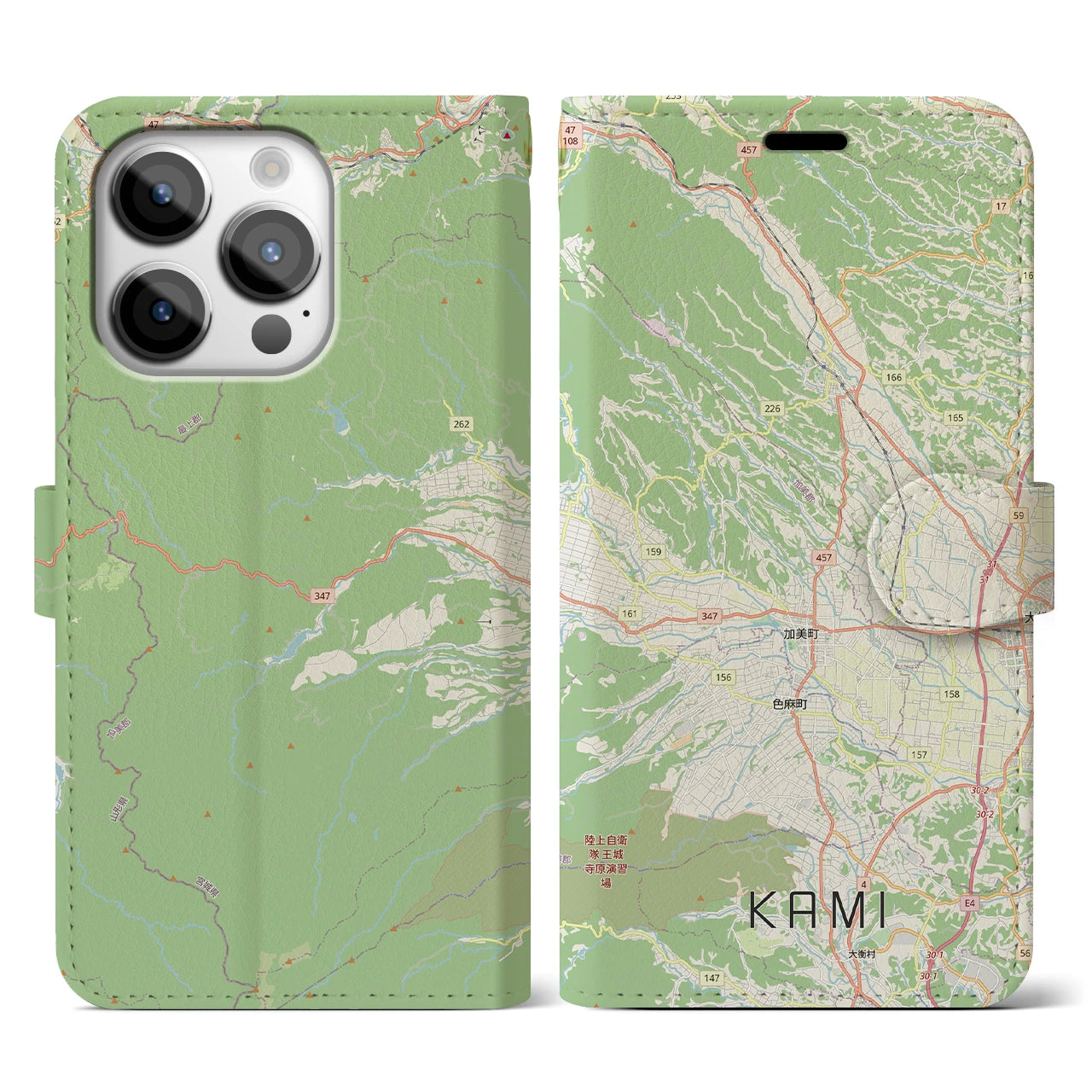 【加美(宮城県)】地図柄iPhoneケース(手帳タイプ)ナチュラル・iPhone 14 Pro 用