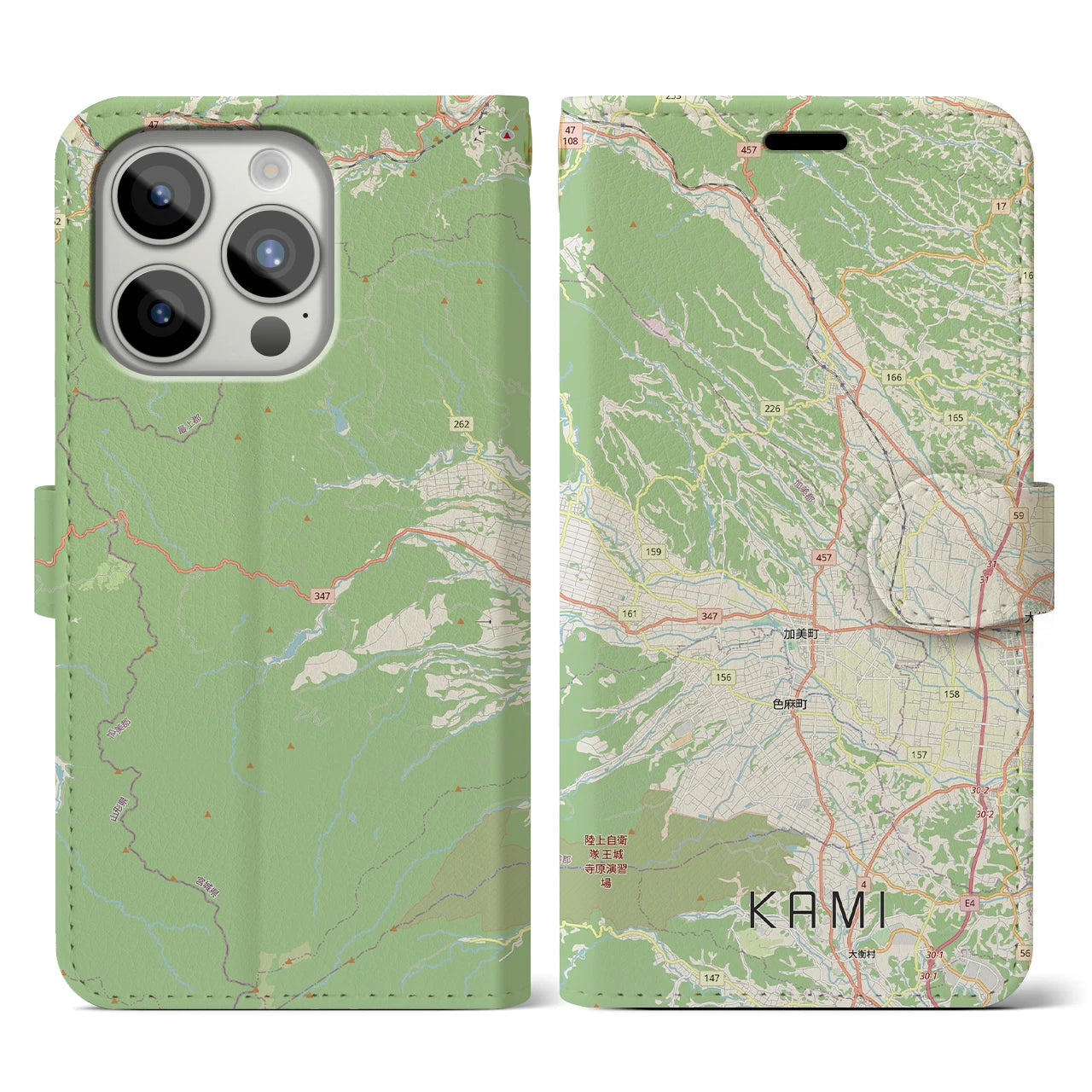 【加美(宮城県)】地図柄iPhoneケース(手帳タイプ)ナチュラル・iPhone 15 Pro 用