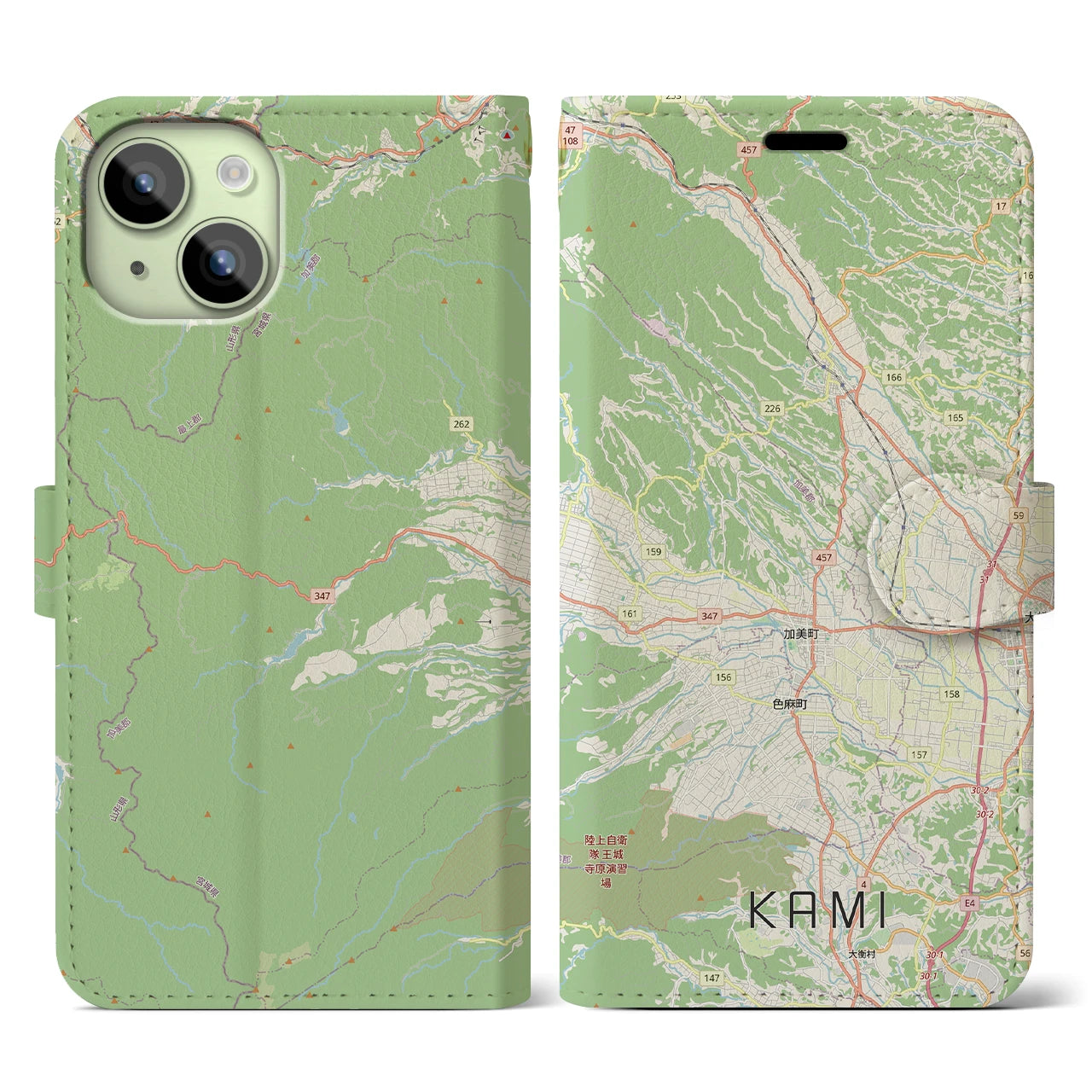 【加美(宮城県)】地図柄iPhoneケース(手帳タイプ)ナチュラル・iPhone 15 用