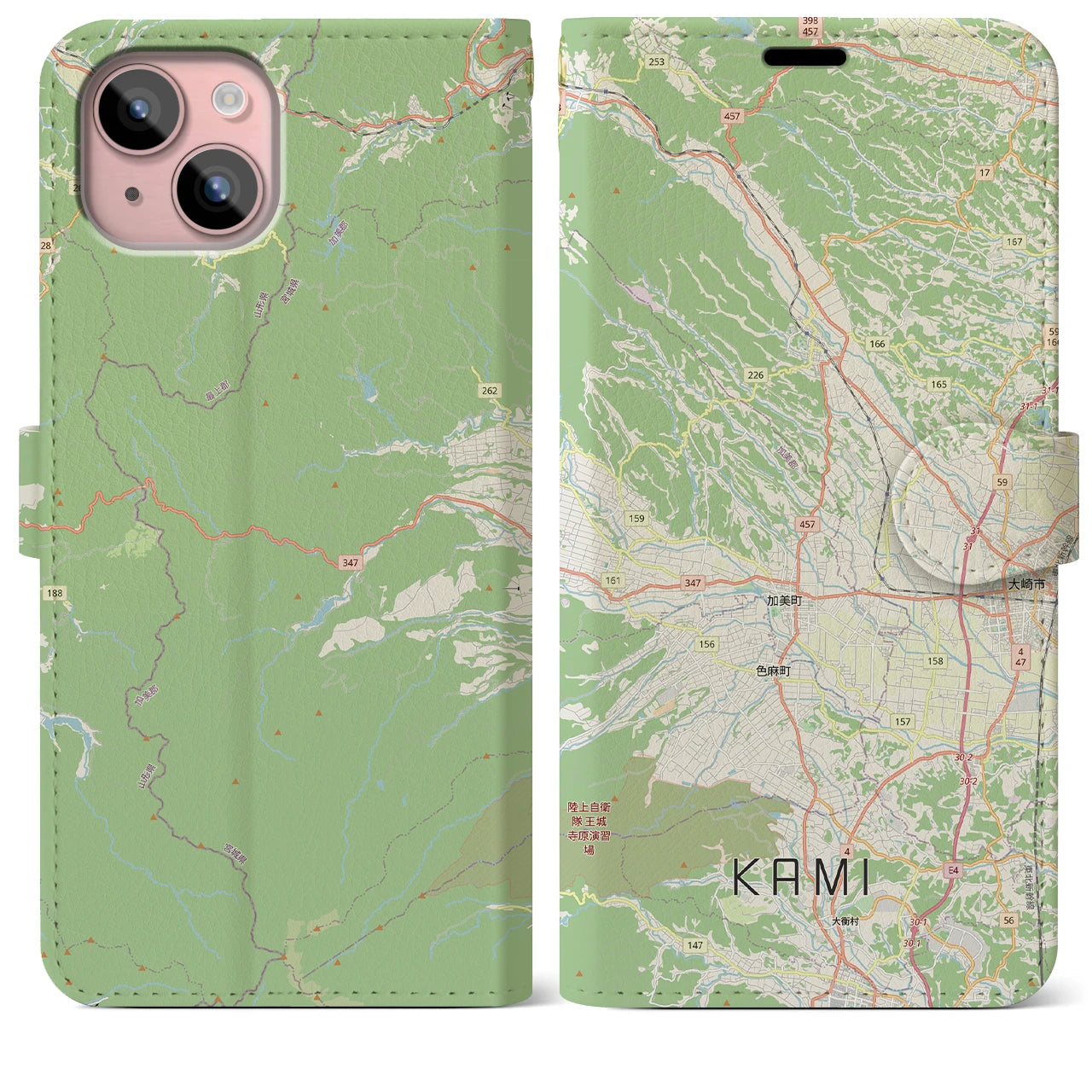 【加美(宮城県)】地図柄iPhoneケース(手帳タイプ)ナチュラル・iPhone 15 Plus 用
