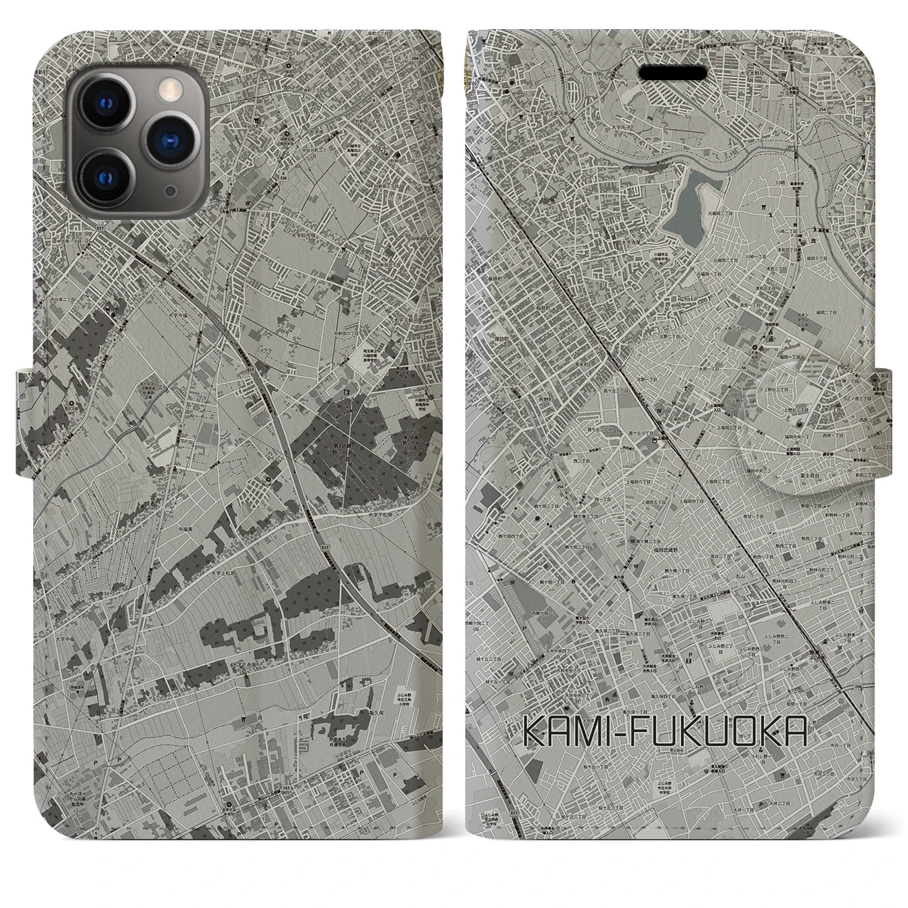 【上福岡(埼玉県)】地図柄iPhoneケース(手帳タイプ)モノトーン・iPhone 11 Pro Max 用