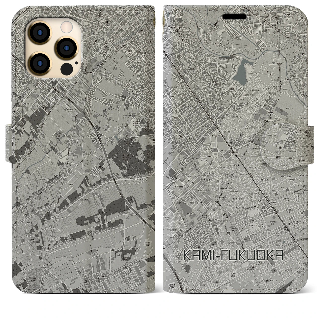 【上福岡(埼玉県)】地図柄iPhoneケース(手帳タイプ)モノトーン・iPhone 12 Pro Max 用