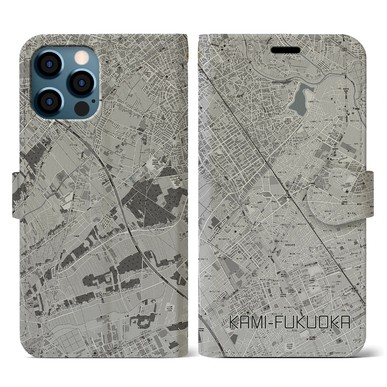 【上福岡(埼玉県)】地図柄iPhoneケース(手帳タイプ)モノトーン・iPhone 12 / 12 Pro 用