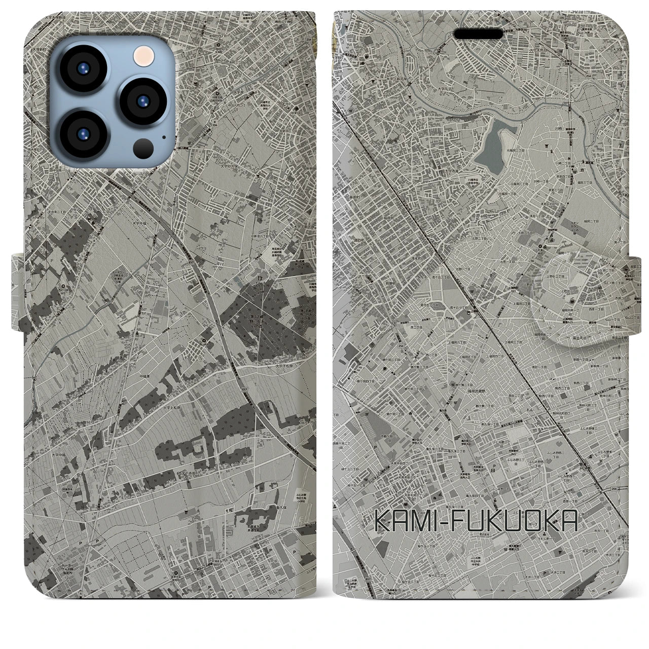 【上福岡(埼玉県)】地図柄iPhoneケース(手帳タイプ)モノトーン・iPhone 13 Pro Max 用