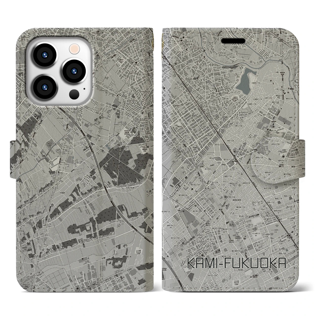 【上福岡(埼玉県)】地図柄iPhoneケース(手帳タイプ)モノトーン・iPhone 13 Pro 用