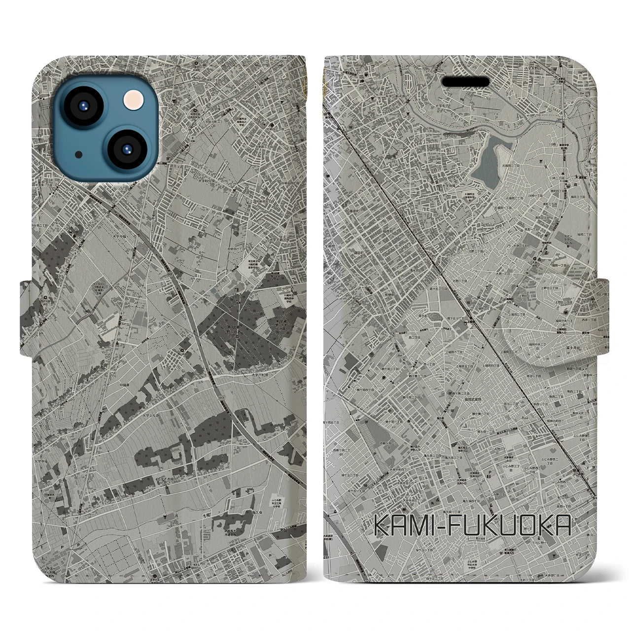 【上福岡(埼玉県)】地図柄iPhoneケース(手帳タイプ)モノトーン・iPhone 13 用