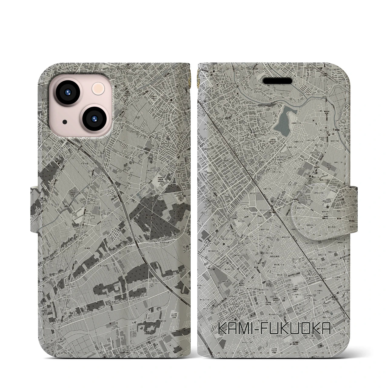 【上福岡(埼玉県)】地図柄iPhoneケース(手帳タイプ)モノトーン・iPhone 13 mini 用