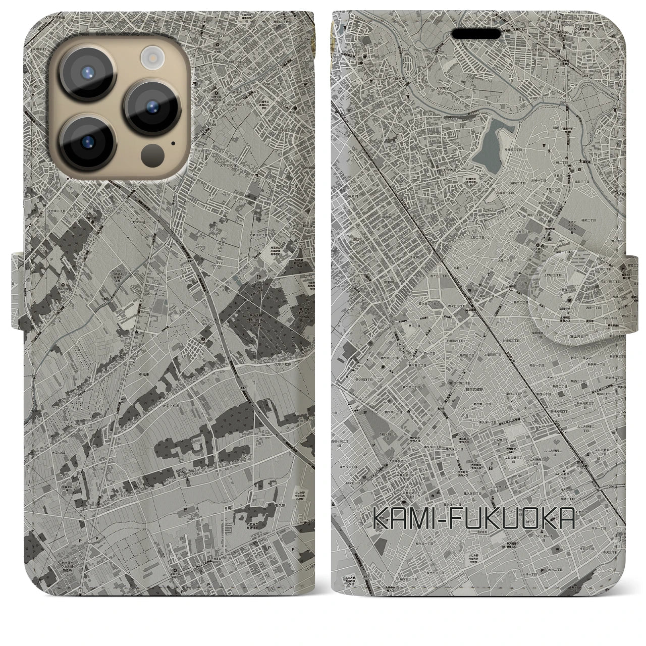【上福岡(埼玉県)】地図柄iPhoneケース(手帳タイプ)モノトーン・iPhone 14 Pro Max 用