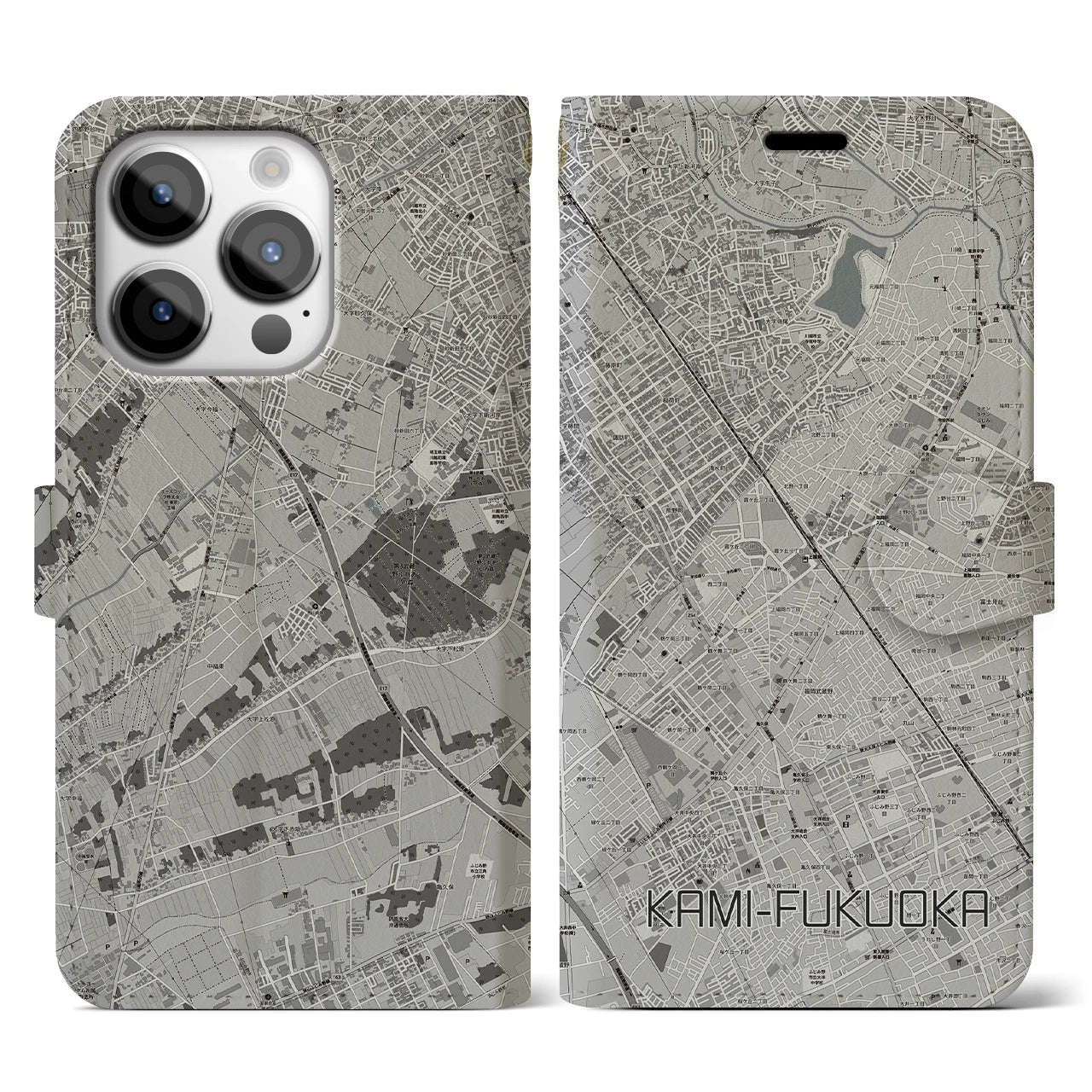 【上福岡(埼玉県)】地図柄iPhoneケース(手帳タイプ)モノトーン・iPhone 14 Pro 用