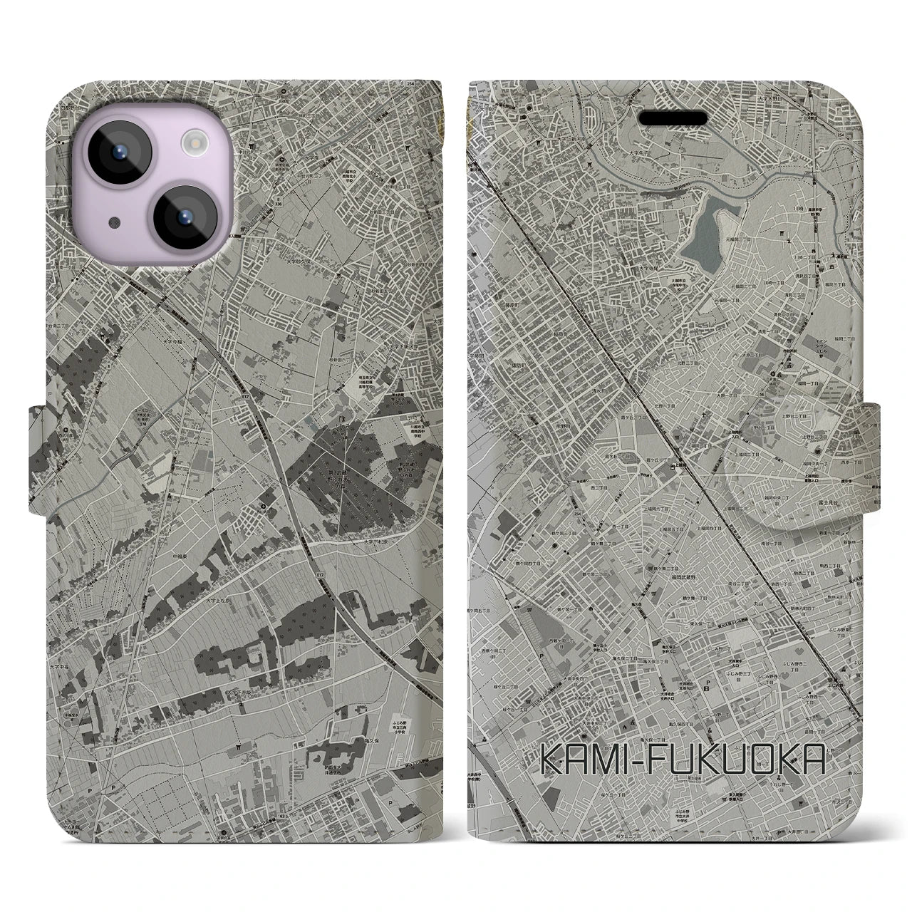 【上福岡(埼玉県)】地図柄iPhoneケース(手帳タイプ)モノトーン・iPhone 14 用