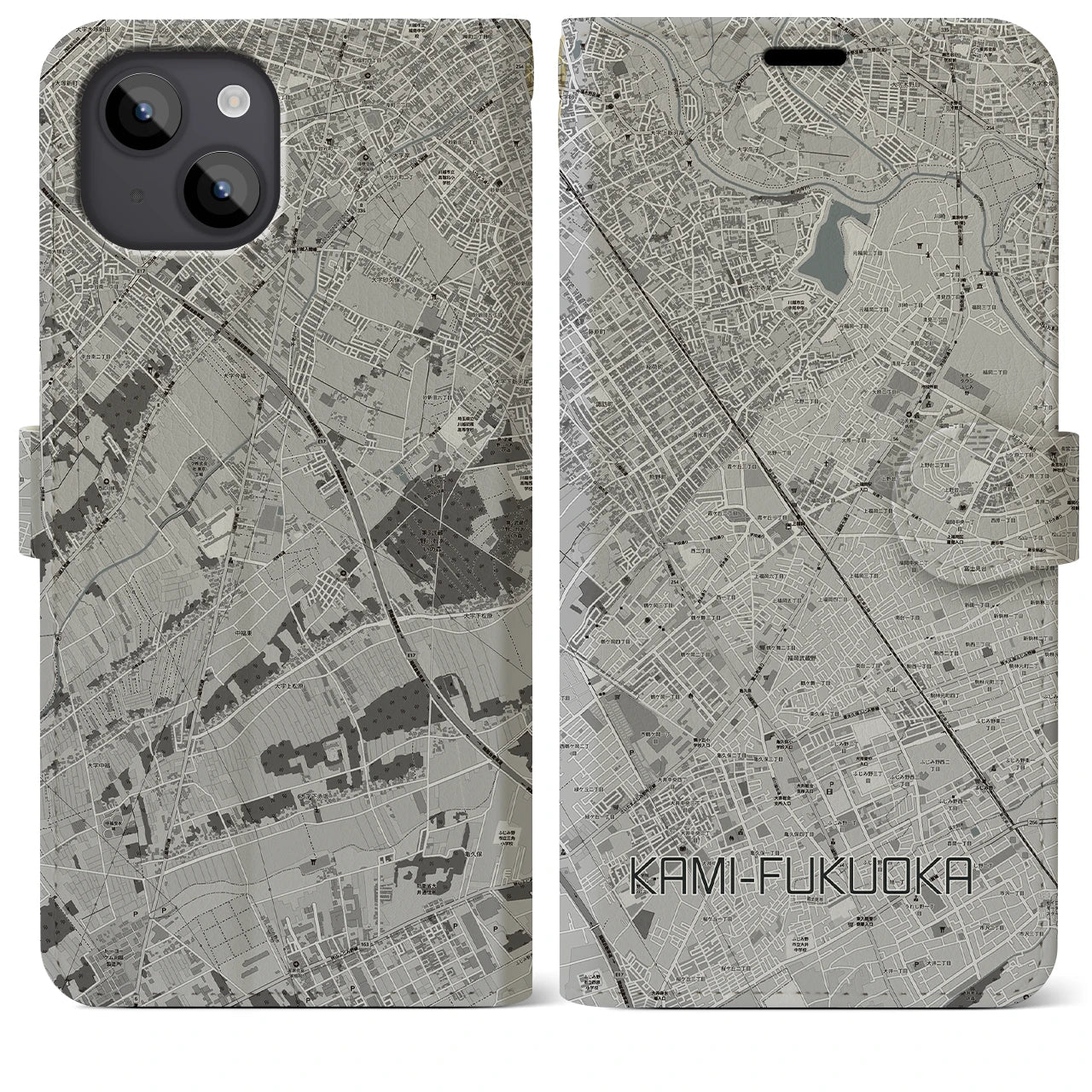 【上福岡(埼玉県)】地図柄iPhoneケース(手帳タイプ)モノトーン・iPhone 14 Plus 用