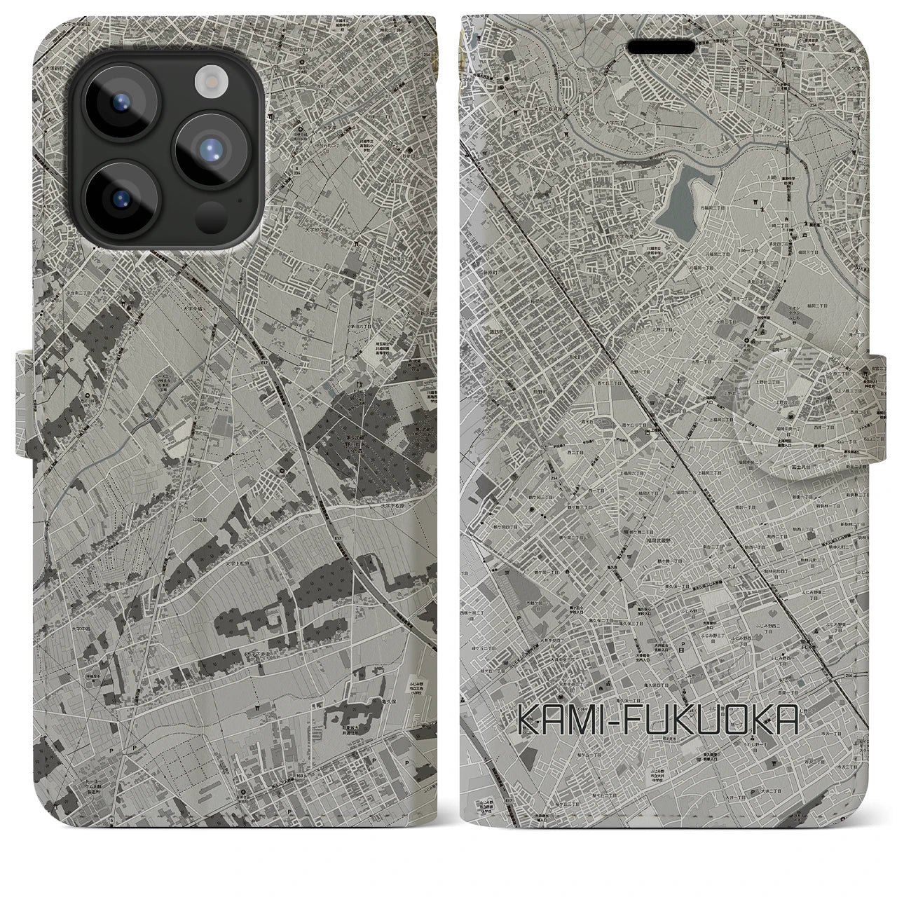 【上福岡(埼玉県)】地図柄iPhoneケース(手帳タイプ)モノトーン・iPhone 15 Pro Max 用
