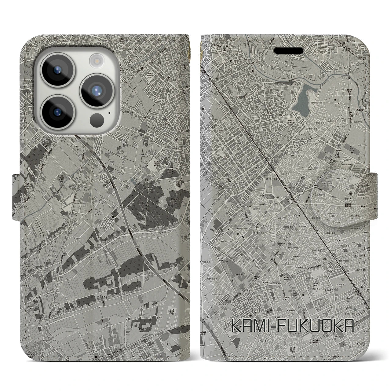 【上福岡(埼玉県)】地図柄iPhoneケース(手帳タイプ)モノトーン・iPhone 15 Pro 用