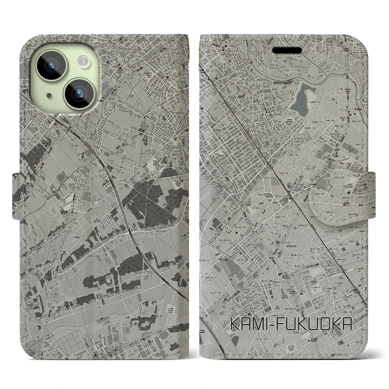 【上福岡(埼玉県)】地図柄iPhoneケース(手帳タイプ)モノトーン・iPhone 15 用