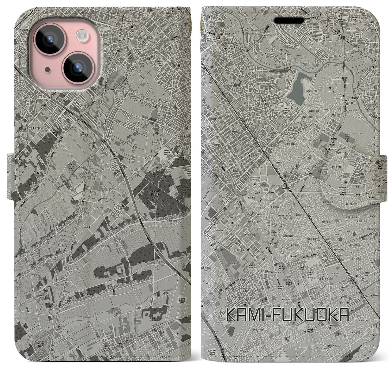 【上福岡(埼玉県)】地図柄iPhoneケース(手帳タイプ)モノトーン・iPhone 15 Plus 用