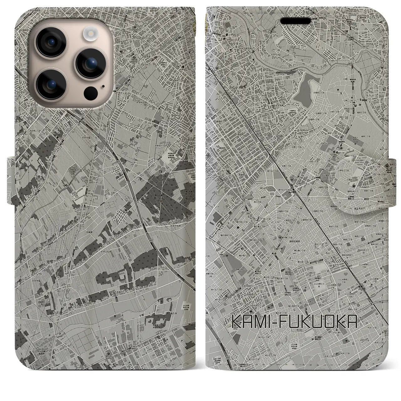 【上福岡(埼玉県)】地図柄iPhoneケース(手帳タイプ)モノトーン・iPhone 16 Plus 用
