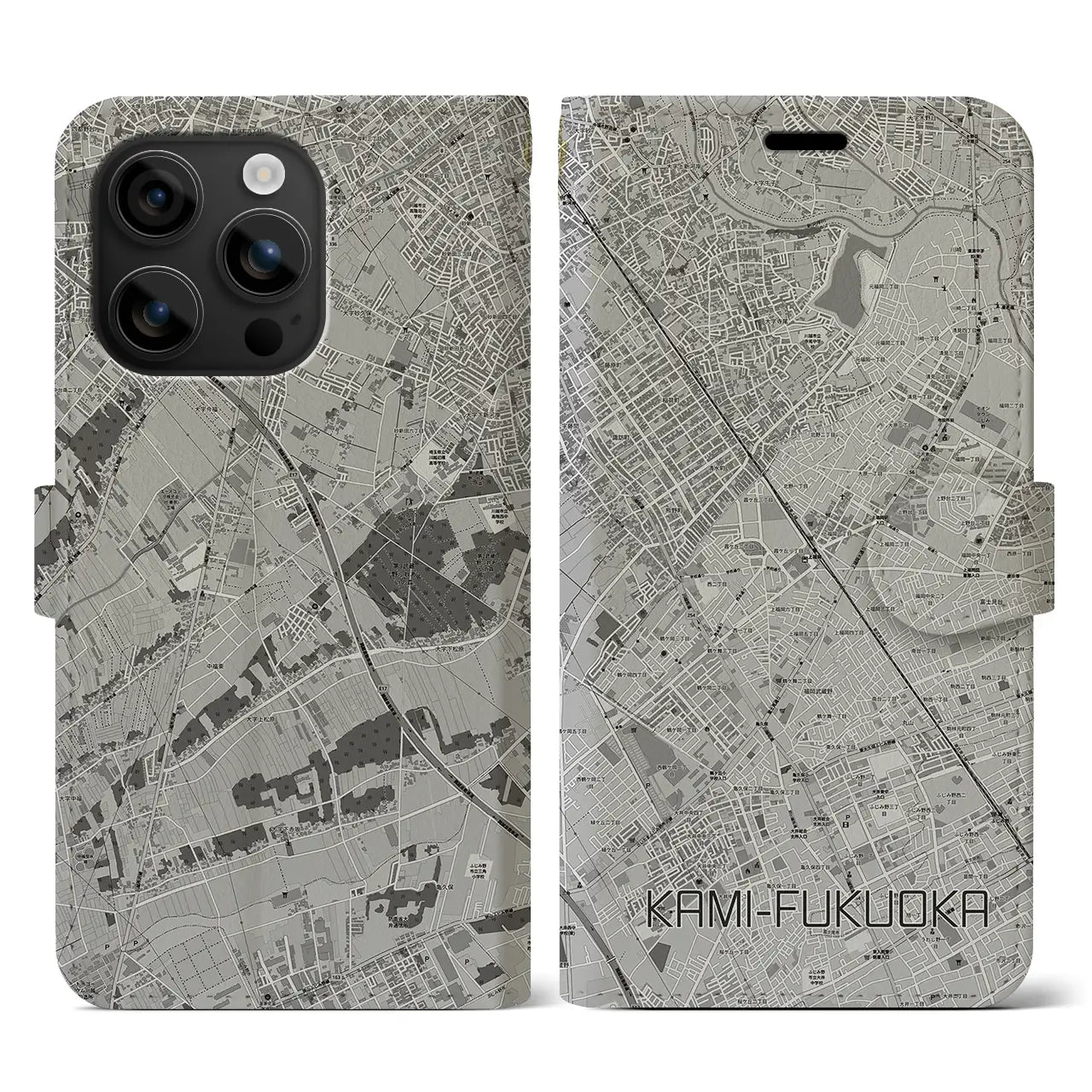 【上福岡(埼玉県)】地図柄iPhoneケース(手帳タイプ)モノトーン・iPhone 16 用