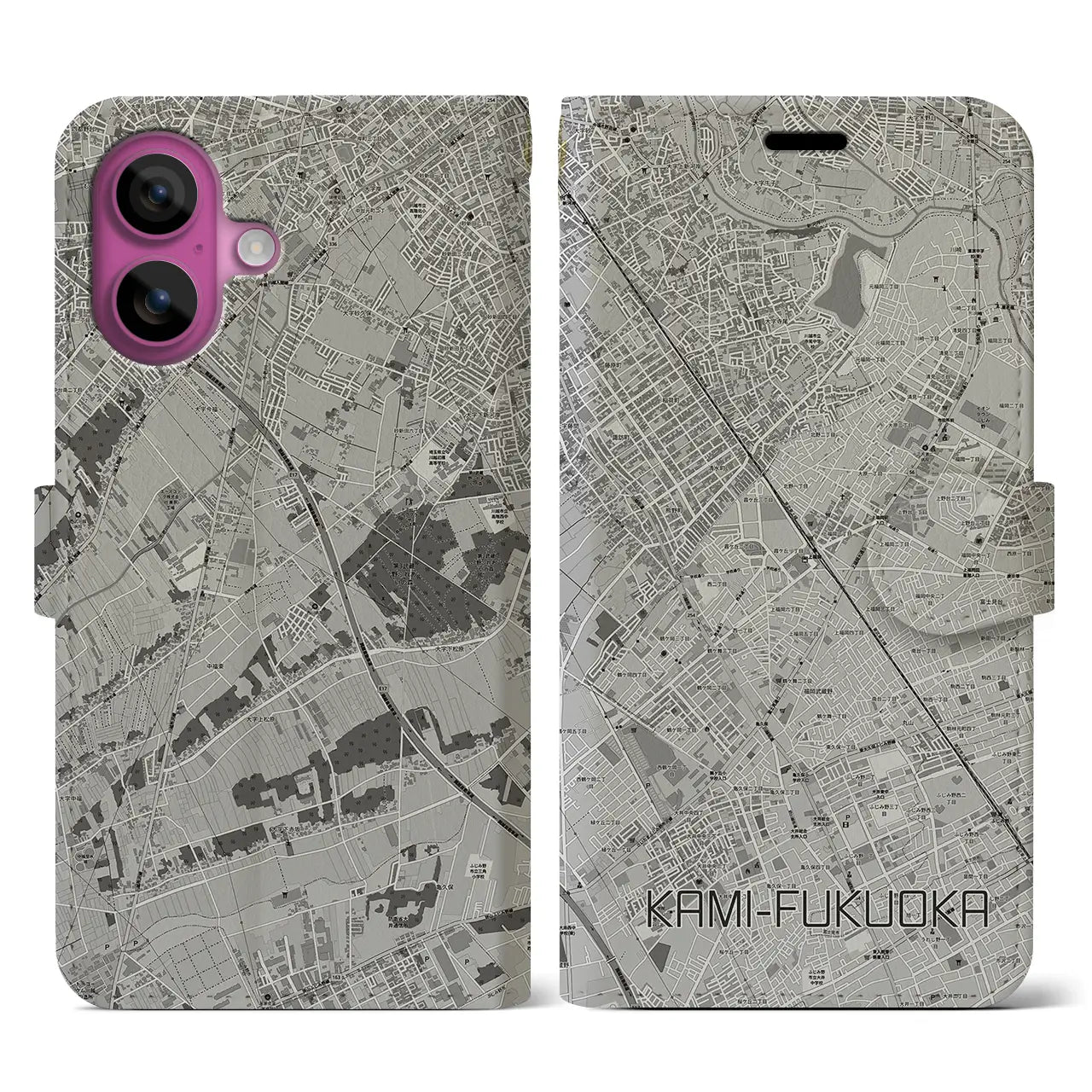 【上福岡(埼玉県)】地図柄iPhoneケース(手帳タイプ)モノトーン・iPhone 16 Pro 用